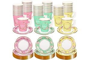 TWOWYHI Disposable Tea Party Cups - 60 Set Floral Paper Cups with Handles and Saucers