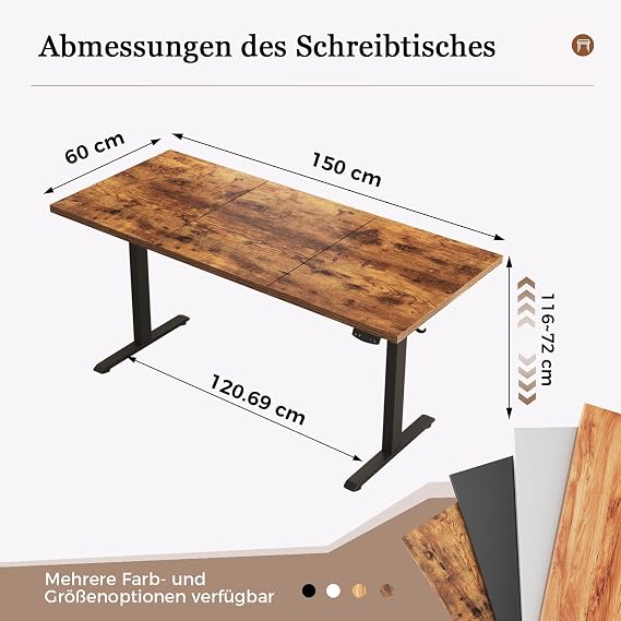 Klicelor Height-adjustable desk 150 x 60 cm with 2 storage spaces