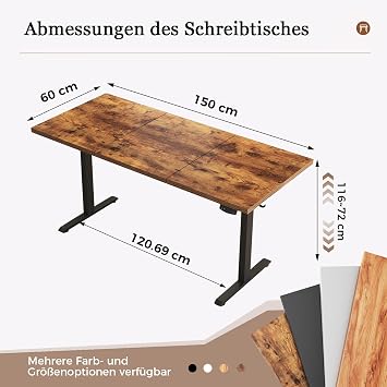 Klicelor Height-adjustable desk 150 x 60 cm with 2 storage spaces