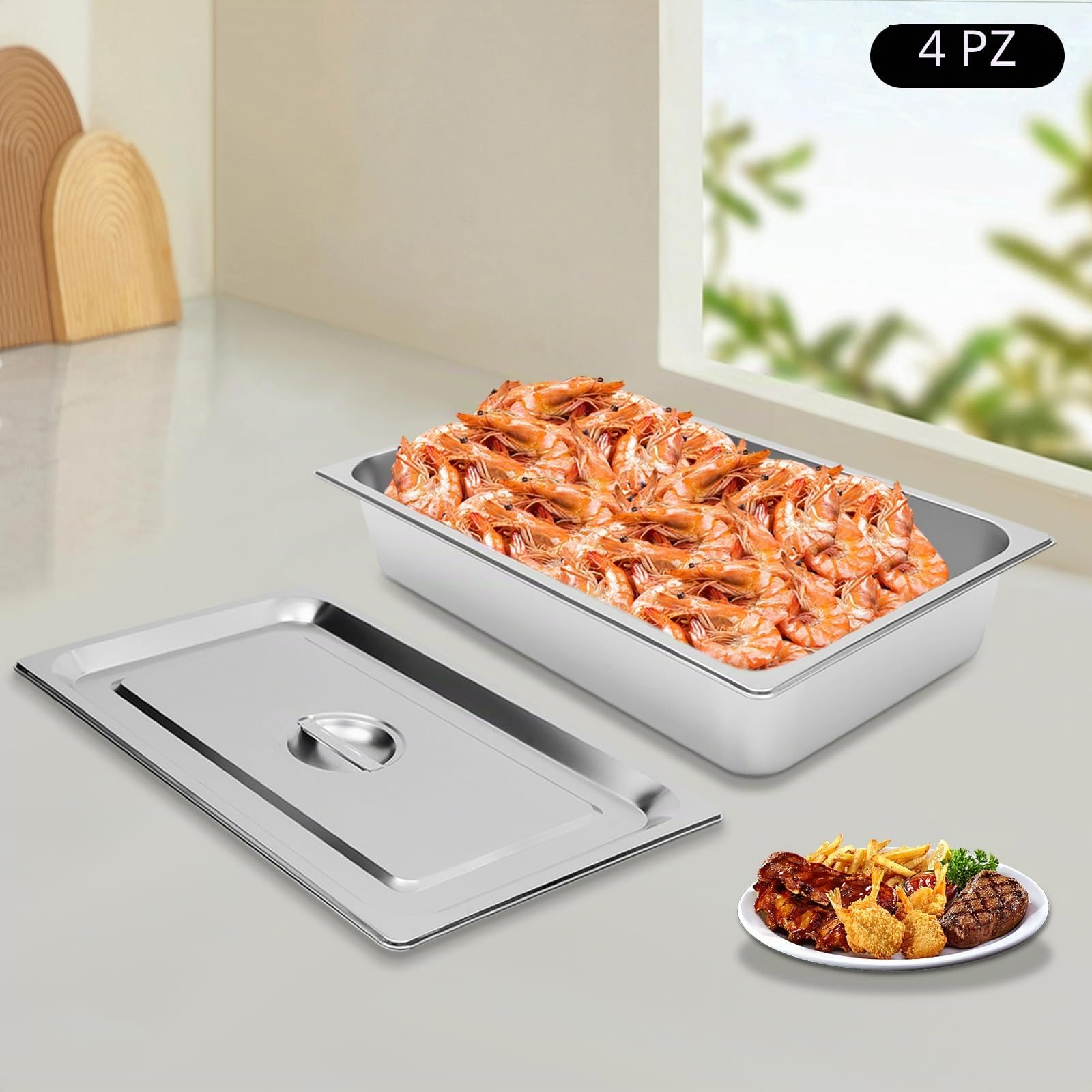 Contenitori per tavolo a vapore in acciaio inox 201, set da 4 pezzi, 9 l, impilabili in forno, adatti per la conservazione degli alimenti, versatili, per ristoranti e catering