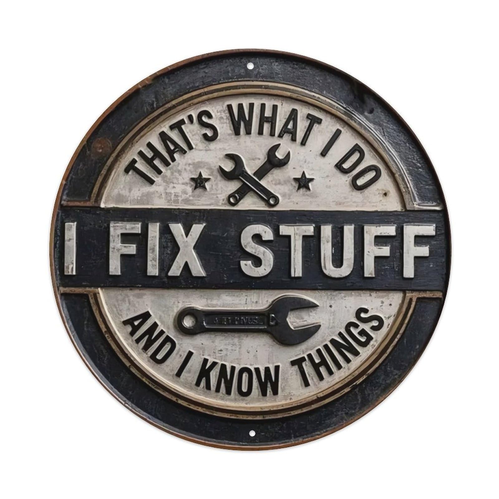 Ldfuieksufg Style Round Mechanic Wrench Vintage Funny Text Decor Wall Plaque I Fix Stuff Vintage Aluminium Metal Sign, Retro Wall Decor For Home, Bar, Garage & Farmhouse 20X20cm