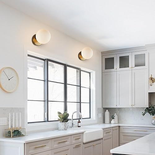 Miniatura 6 de BOKT Aplique de pared moderno de globo grande, latón de mediados de siglo, lámpara de pared dorada de vidrio blanco esmerilado, aplique de pared