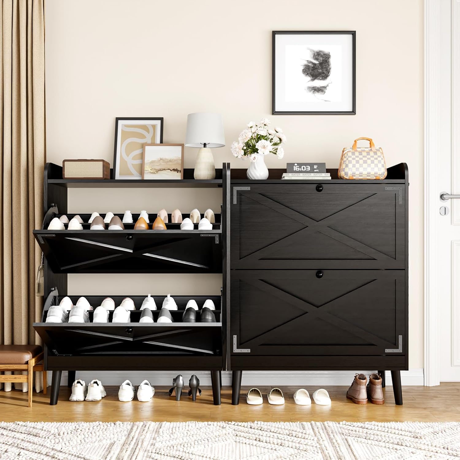 Shoe Storage Cabinet with 2 Flip Drawers & Adjustable Shelves,Narrow Shoe Organizer Cabinet with Doors Side Hooks Wooden Shoe Rack Cabinet for Entryway,Hallway,Black
