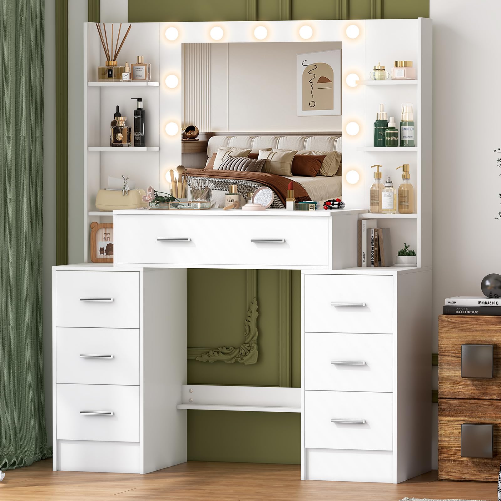Umeiga Makeup Vanity Desk with with 7 Large Drawers, 110x40x140 cm Dressing Table with 3 Model LED Lights, 4 Open Storage Shelves, Adjustable Brightness, Cosmetic Bedroom Dresser Furniture — image 1