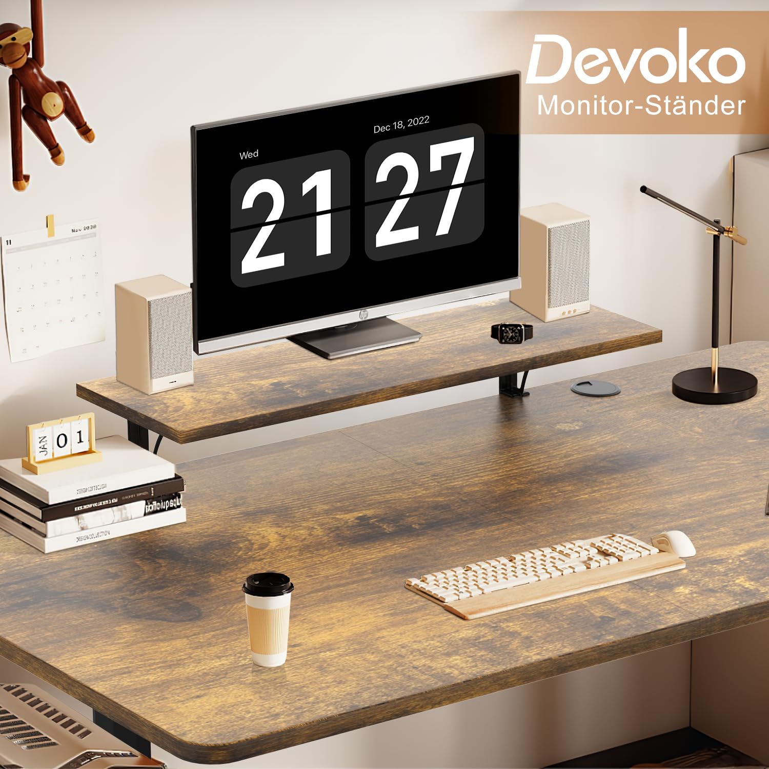 Devoko 160 x 70 cm Scrivania Regolabile in Altezza Elettrica con Supporto per Monitor, Scrivania Elettrica Regolabile con 2 Altezze di Memoria Tavolo regolabile in altezza (160x70cm,Marrone Vintage)