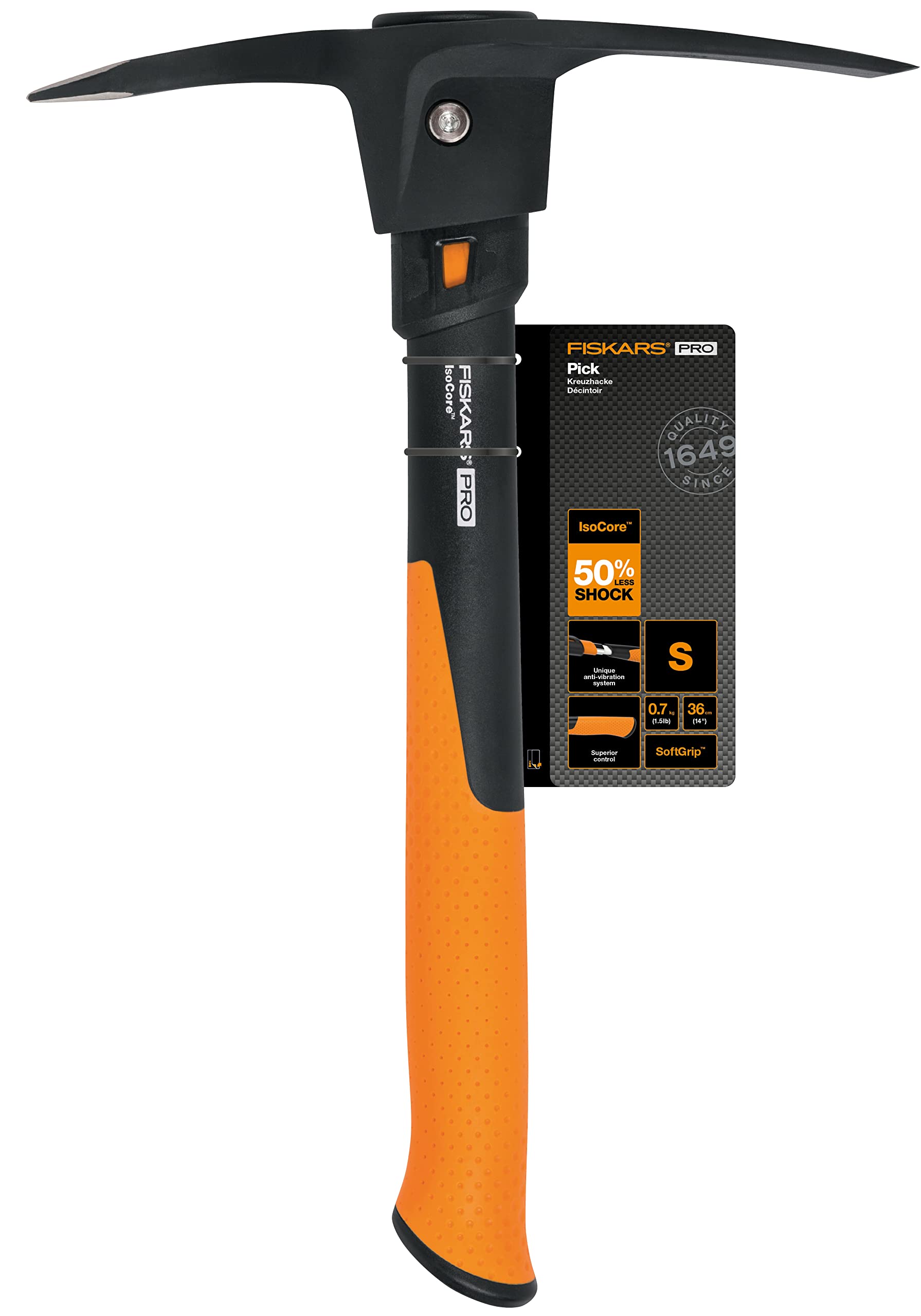 Fiskars Piccone Pro IsoCore S per Lavori Pesanti su Terreni Duri e Sassosi, Lunghezza: 36 cm, Peso: 1,2 kg, Nero/Arancione, 1062937