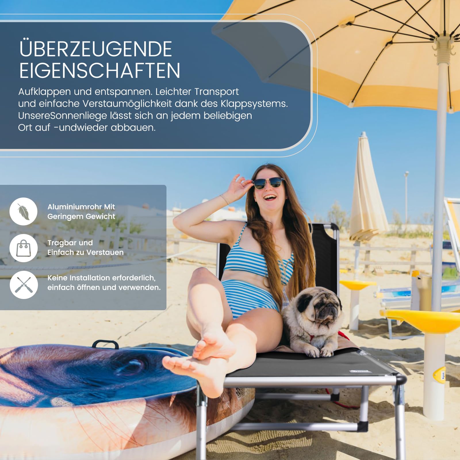 Homecall Sonnenliege Gartenliege Leicht Sonnenliege Klappbar Alu Liegestuhl Strandliege, 5 Fach Verstellbare Rückenlehne, 190 x 60 cm Sonnenschutzdach, bis 136KG (Ohne Sonnendach-Schwarz)
