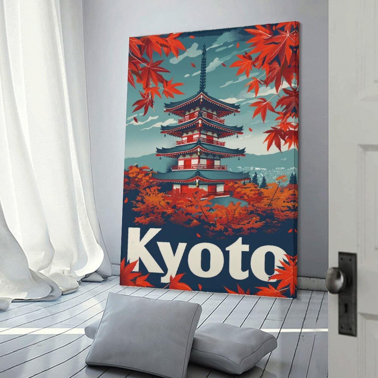 Junmoney Frame-Style-8 Pagoda Kyoto Travel Poster Canvas Wall Decor, 20X30inch(50X75cm), For Wall Displays, Bedrooms Or Room Updates, Wall Decor Suited To Curated Displays