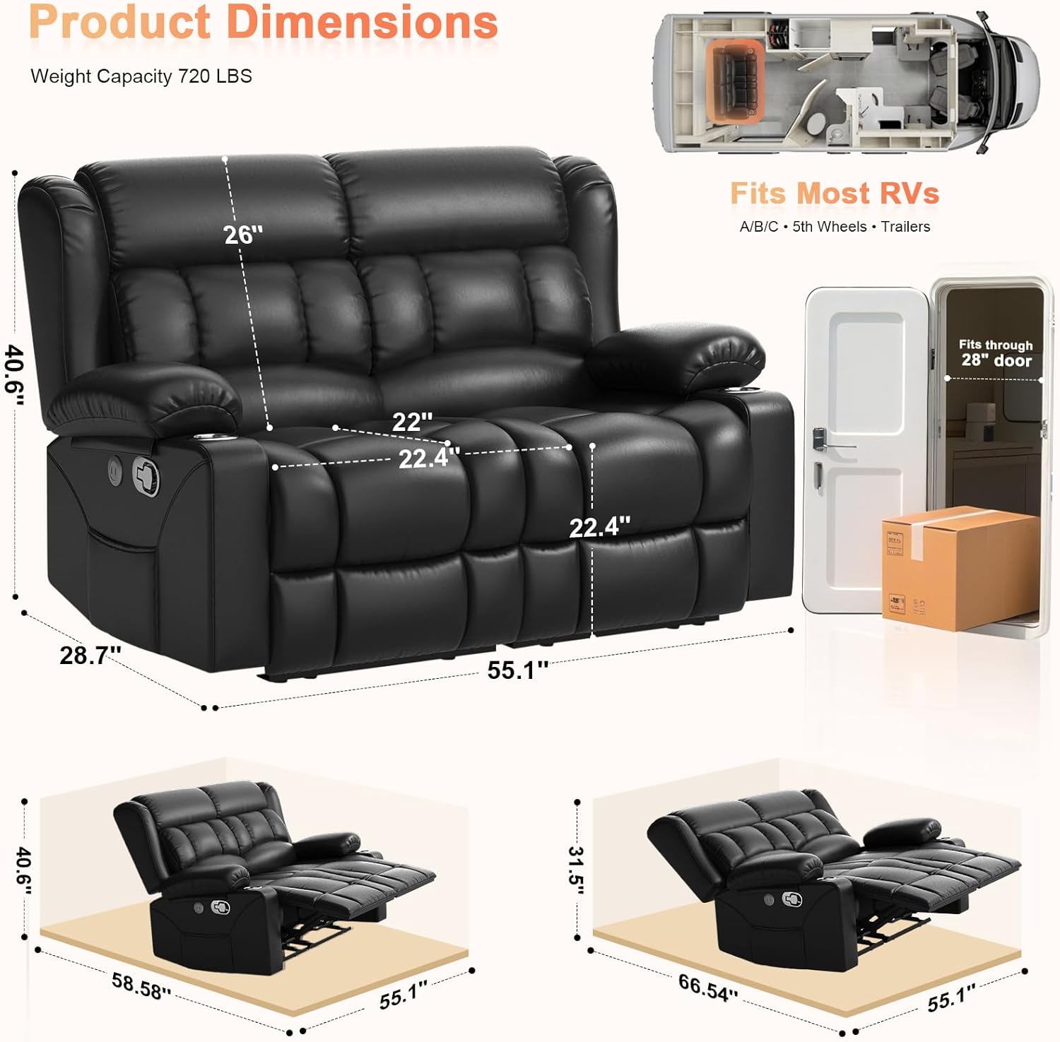 RV Loveseat Recliner Sofa, Reclining Loveseat Home Theater Seating with USB Ports, Cup Holders, Insert Pockets, Wall Hugger RV Recliners for Movie Room, Recline Movie Seats Gaming Sofa, Black