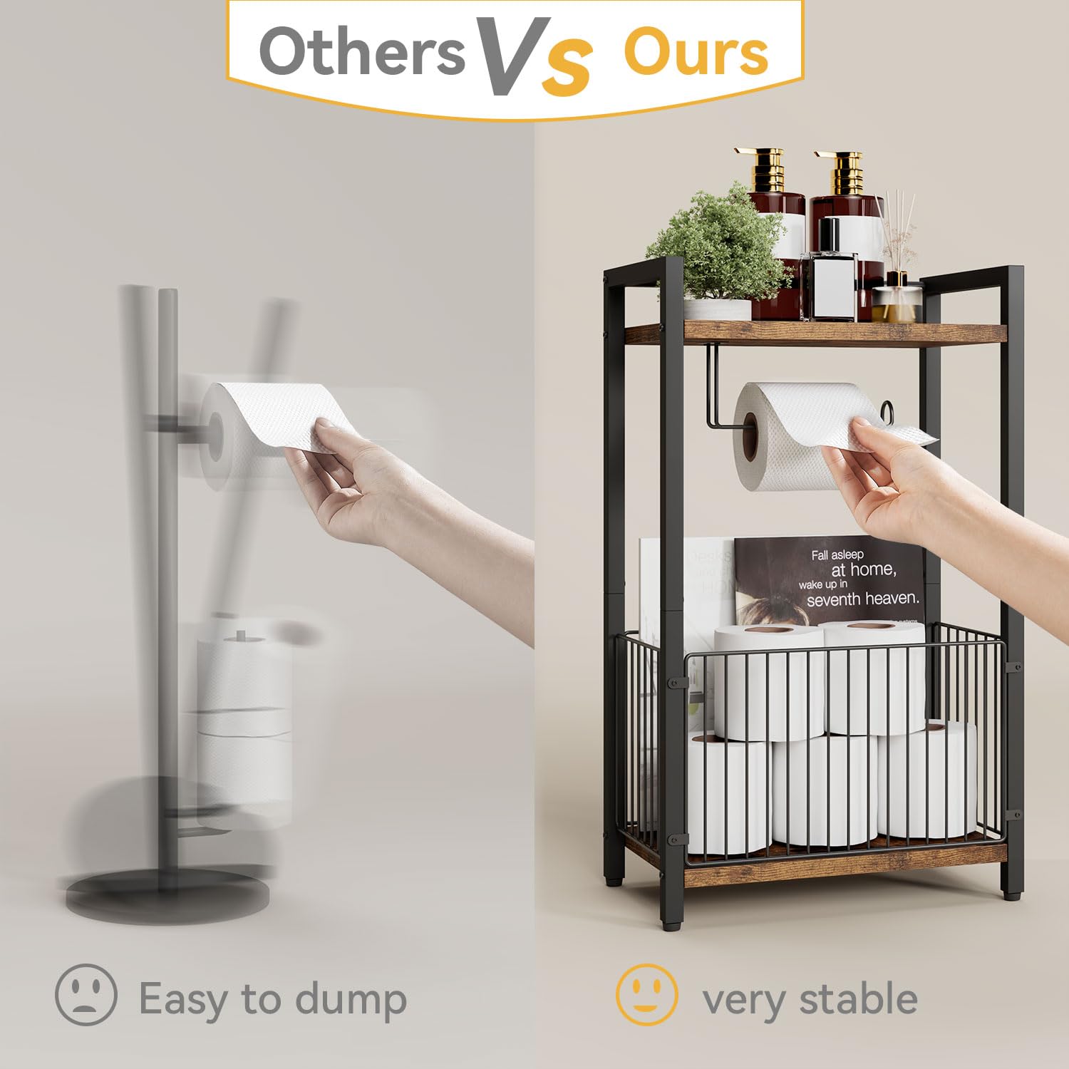 IBUYKE TLJ020B Vrijstaande toiletpapierhouder met opbergplank, badkamer toiletpapier roldispenser met extra ruimte voor rollen, tijdschriften, natte doekjes, zwart