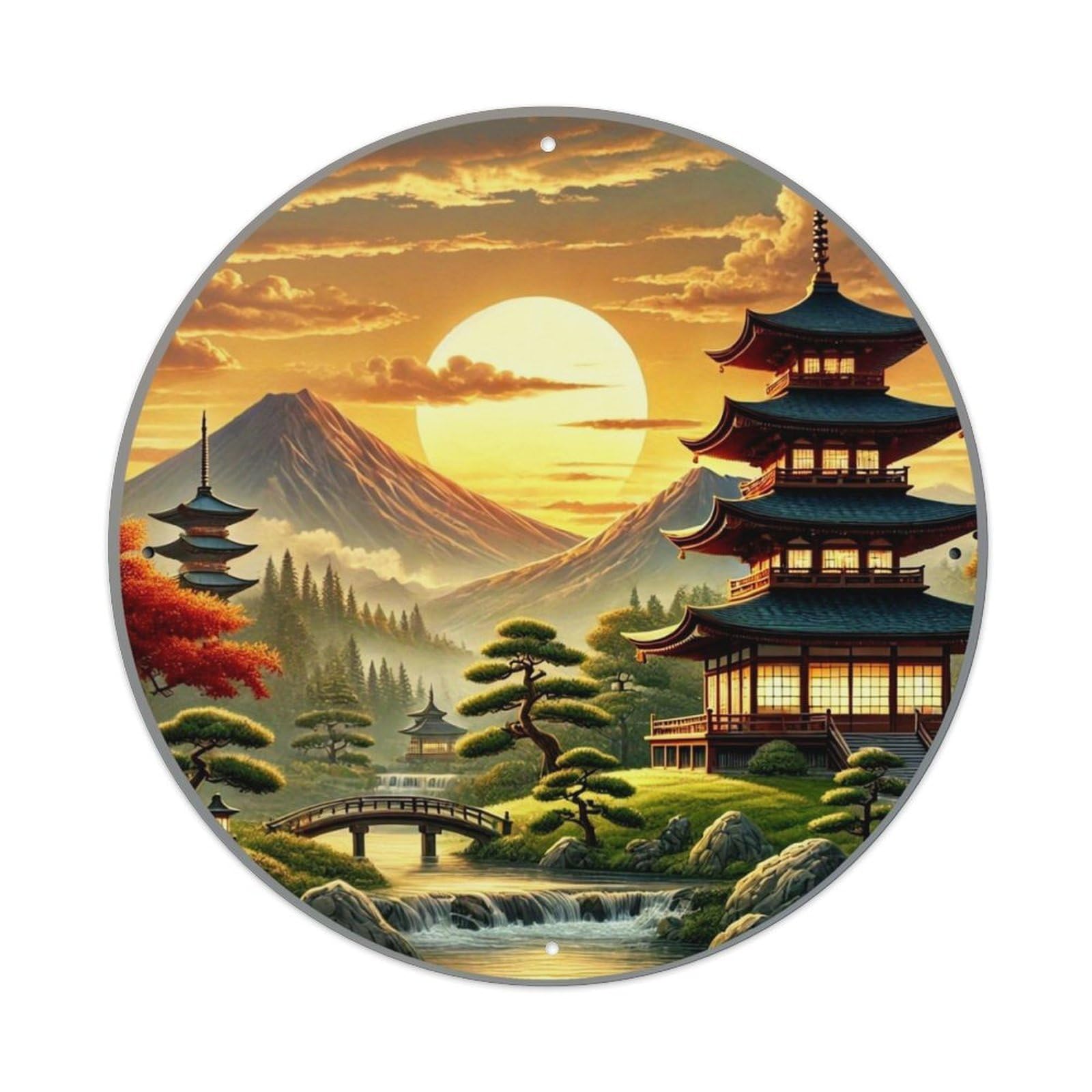 Japanese Pagoda Sunset Mountain Scene Vintage Metal Tin Sign Retro Wall Decor for Home Bar Garage Cafe, Indoor & Outdoor Decorative，circle Metal Poster, 8x8 Inch