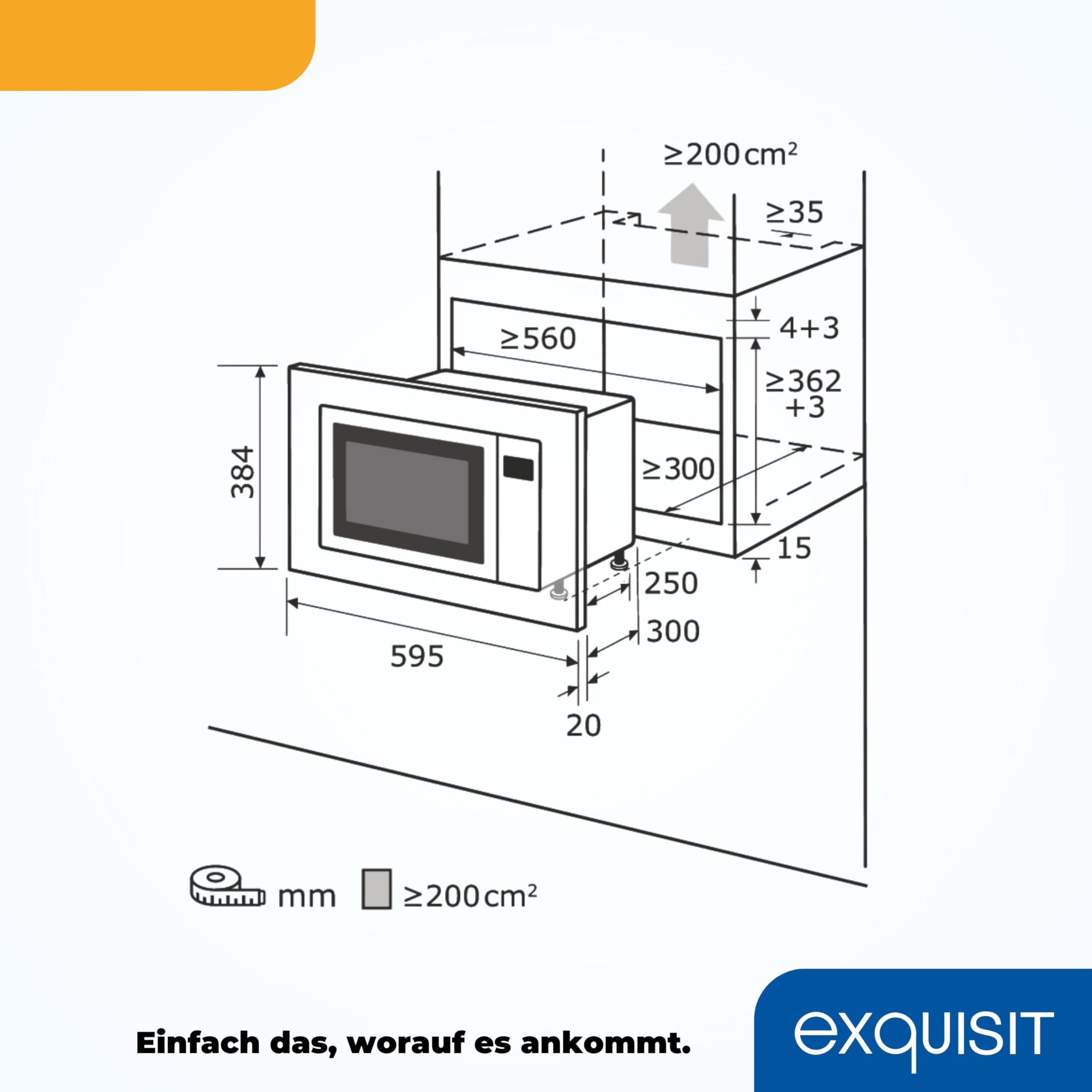 Exquisit Einbaumikrowelle mit Grill 900 W - 20 L, Silber/Edelstahl | 5 Leistungsstufen, Drehteller 24,5 cm, Einbaumaße B 59,5 x H 38,4 x T 33,5 cm, digitale Anzeige