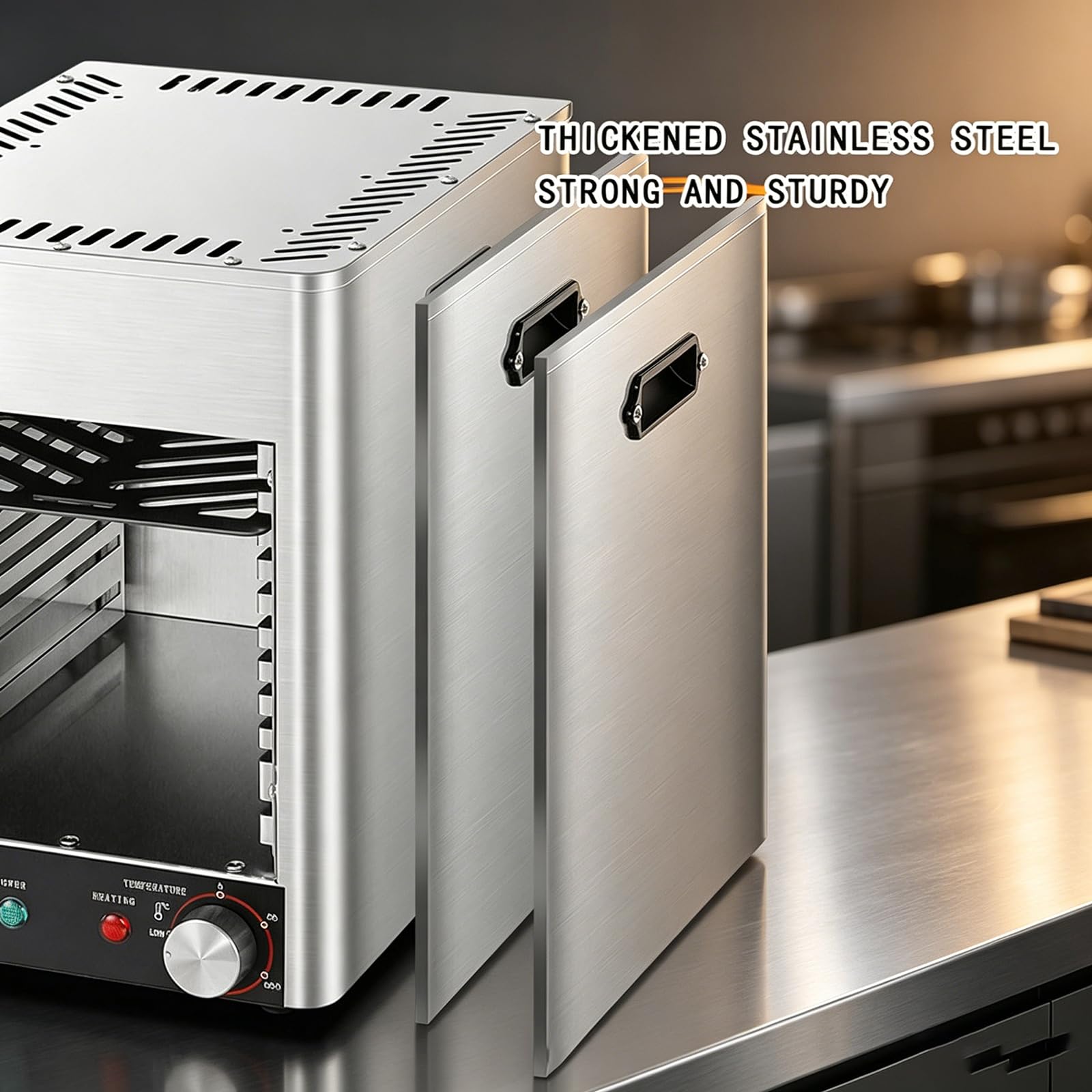 Komercyjny piec do mięsa 1700 W, bezdymny grill ze stali nierdzewnej, szybkie podgrzewanie 5 minut, regulowana temperatura od 200 do 800 ℃, 10-minutowy timer