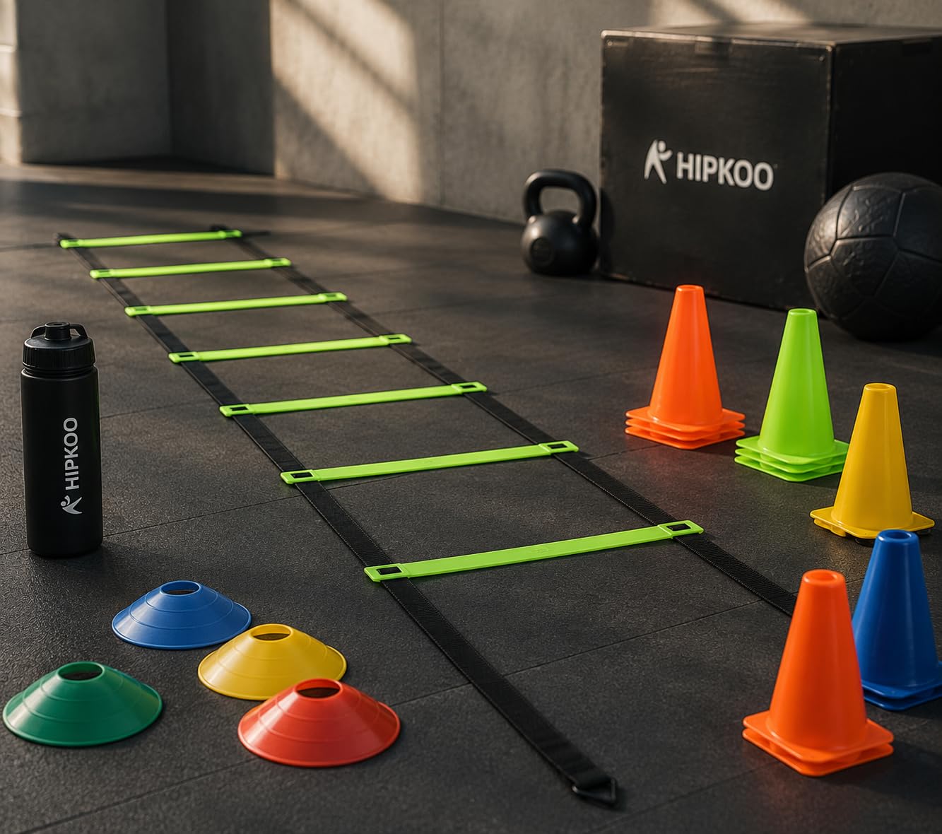 Hipkoo Sports PVC Cones, Pack 6, 10 Space Markers and Ladder Agility, 4 Meter Combos (Multicolour, 6 Inch)