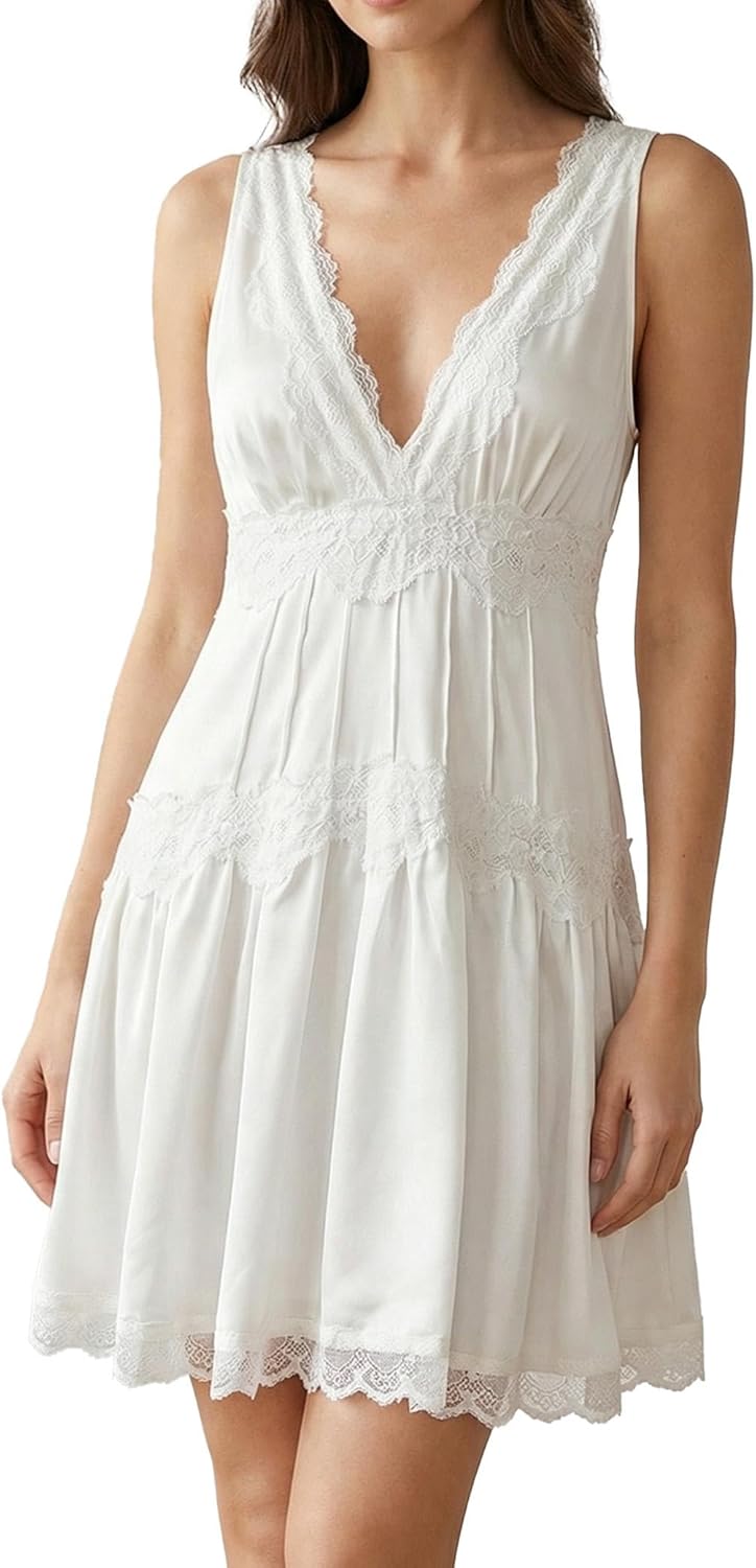 Women Lace Mini Slip Dress V Neck Flowy Summer Dress Y2K Boho Ruffle Hem Babydoll Short Dress for Daily Dating Vacation