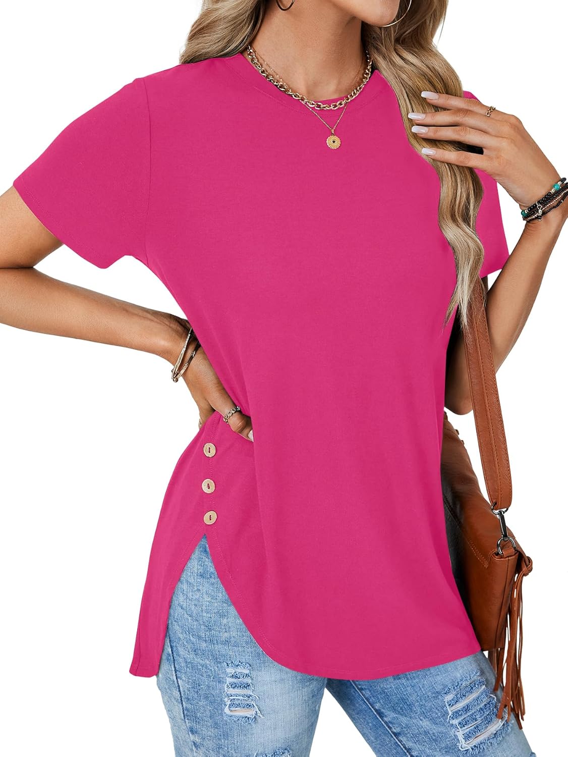 LYANER Women's Casual Short Sleeve Round Neck Shirts Side Split Basic Loose Tunic Tops