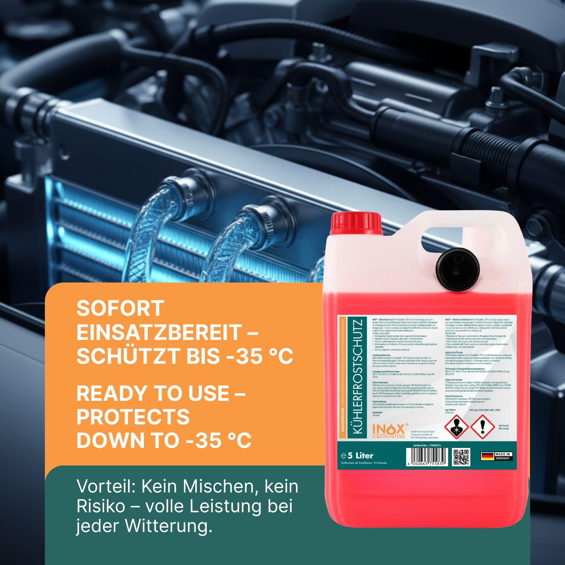 INOX 4x5L Kühlerfrostschutz IG12+ ReadyMix -35°C | G12 Kühlmittel gebrauchsfertig | Frostschutzmittel & Kühlflüssigkeit für Auto, PKW & Nutzfahrzeuge | Ganzjahresschutz