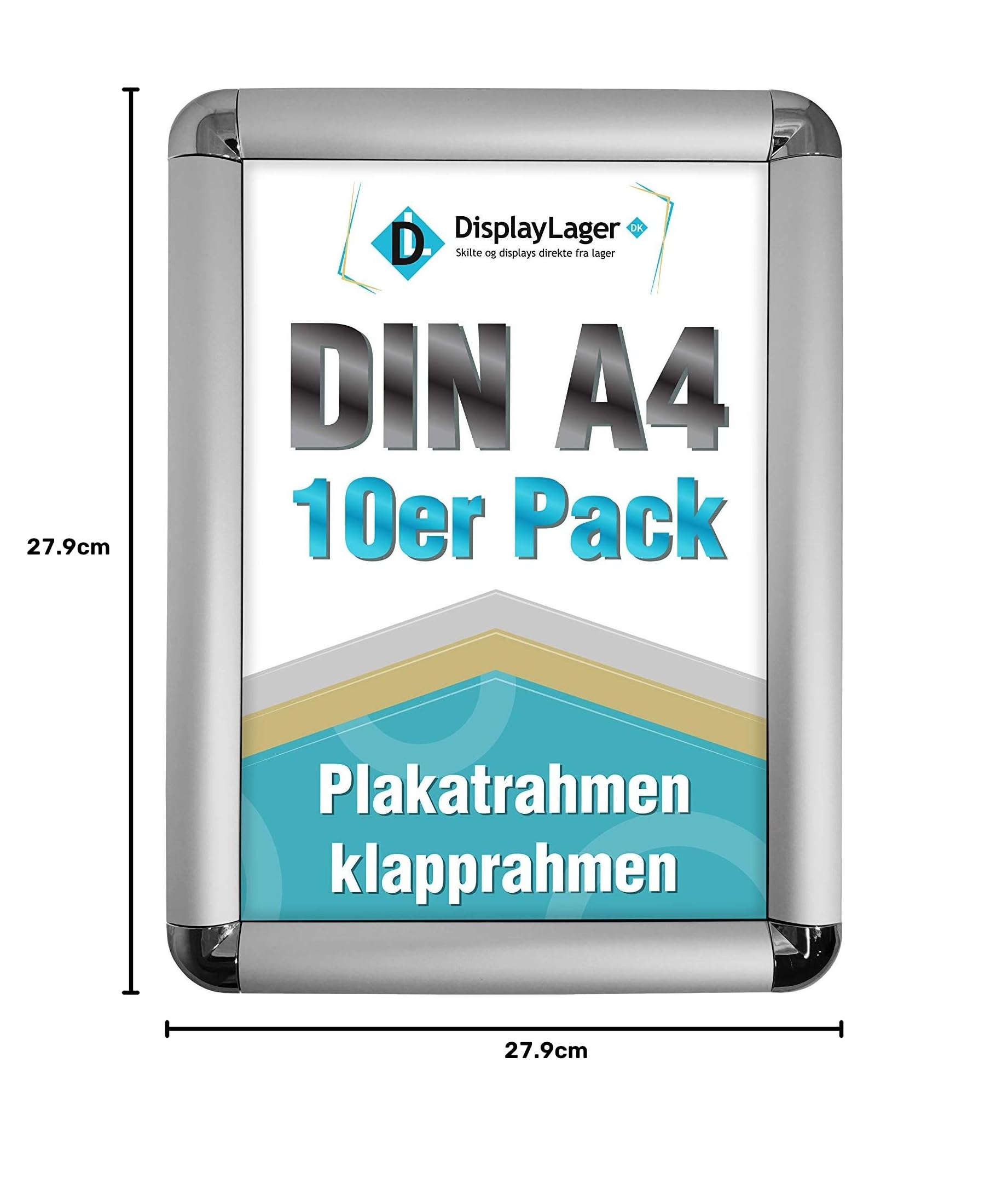 DisplayLager, Duńska jakość – ekonomiczny zestaw 10 szt. srebrny DIN A4 Rondo składana rama z profilem aluminiowym 25 mm, antyrefleksyjna szyba ochronna, materiał mocujący