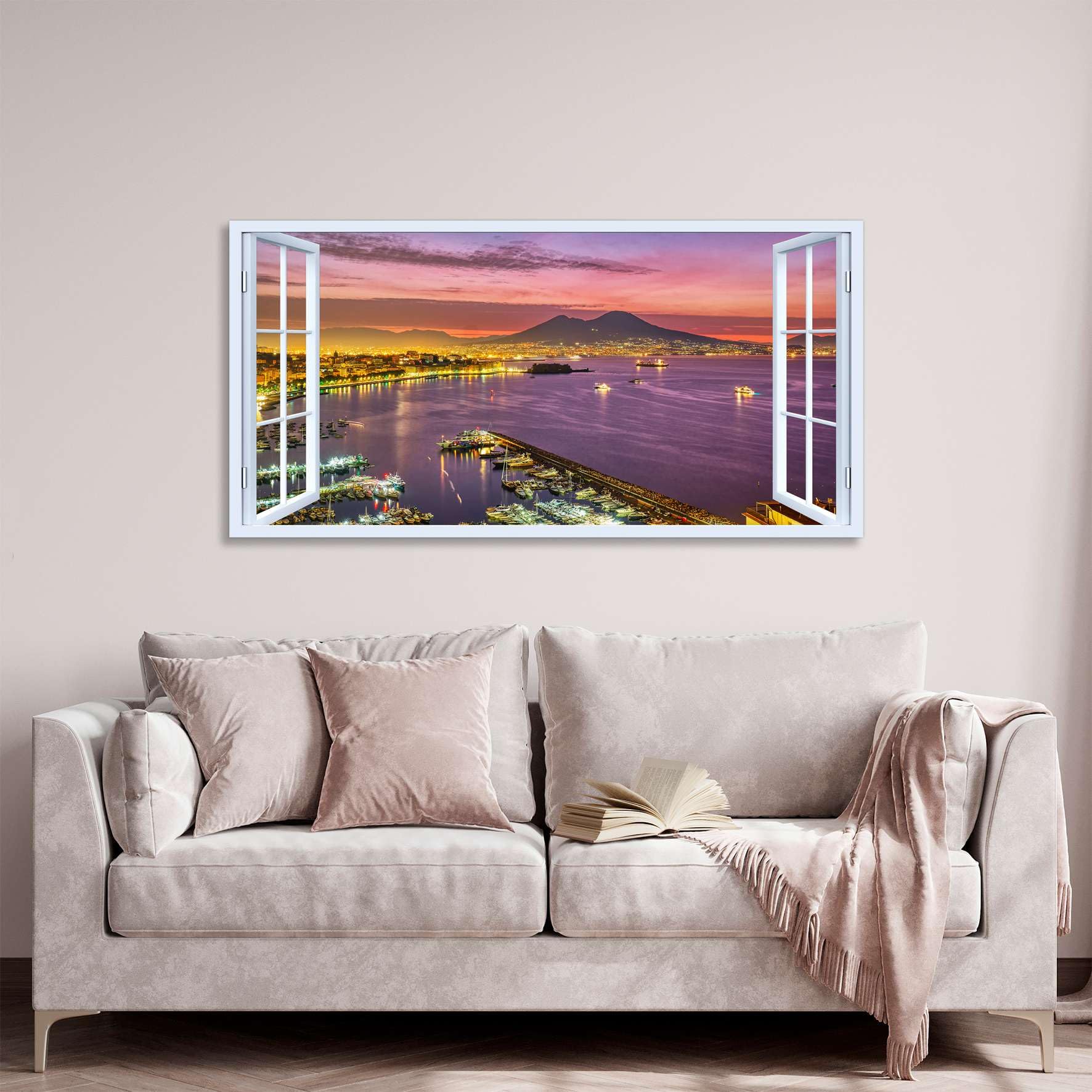 Quadro finestra Panorama golfo di Napoli Vesuvio al tramonto - Stampa su tela con telaio in legno - 120x60 cm