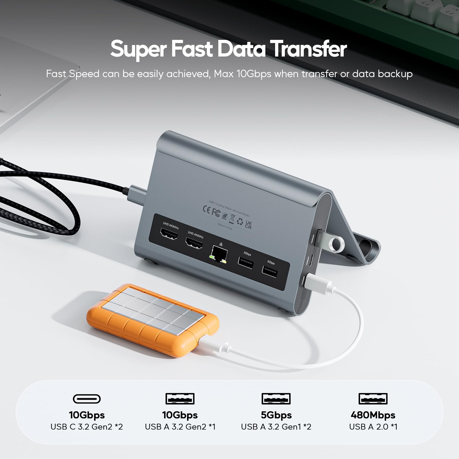 USB C Docking Station Dual Monitor 4K@60Hz, 6X USB-A/USB-C, Plug & Play | PULWTOP USB C Hub mit 2x HDMI, PD, Ethernet, vertikale Dockingstation für Surface Pro 11/10/9/8 & Windows Laptop - Grau