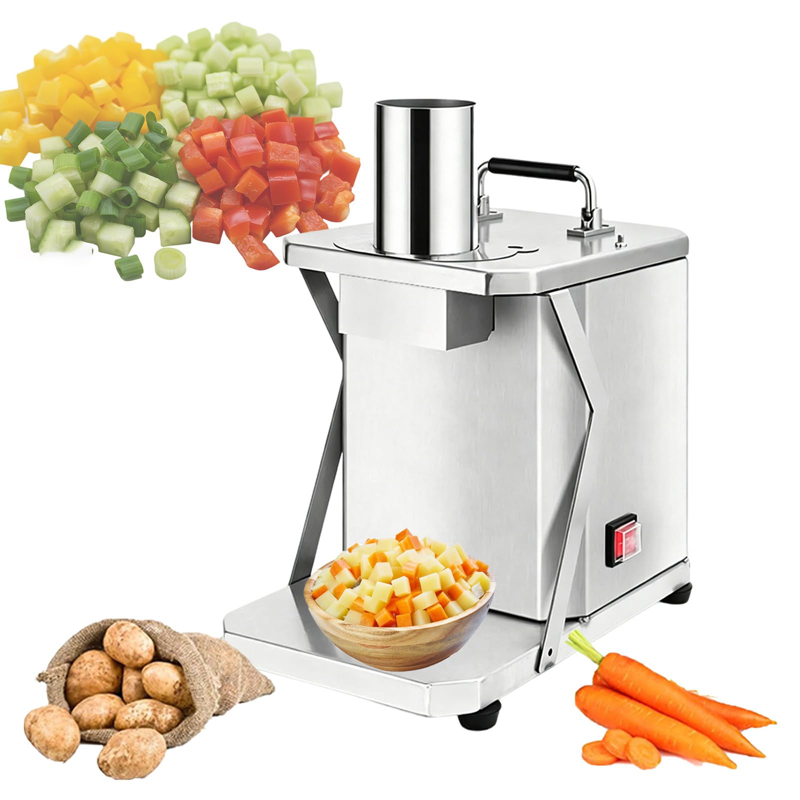 Robot da Cucina Taglia Verdure a Cubetti - 5 Griglie 6-15mm - Senza Pressione Manuale - 165 lb/h - Lavabile, Acciaio Inox - per Zucchine, Carote, Ravanelli all
