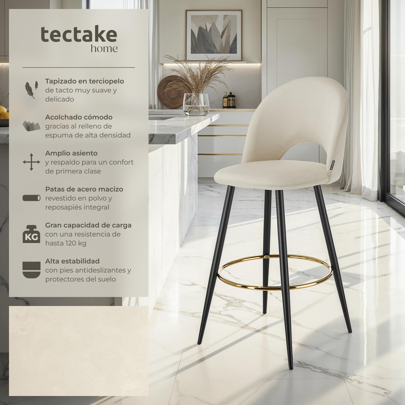 tectake® Taburete Alto Cocina con Respaldo, Acolchado, Terciopelo Suave, Taburete Bar con Patas de Acero, Reposapiés y Pies Antideslizantes, Silla Cocina o Bar, Banqueta - 2 sillas, Crema/Negro