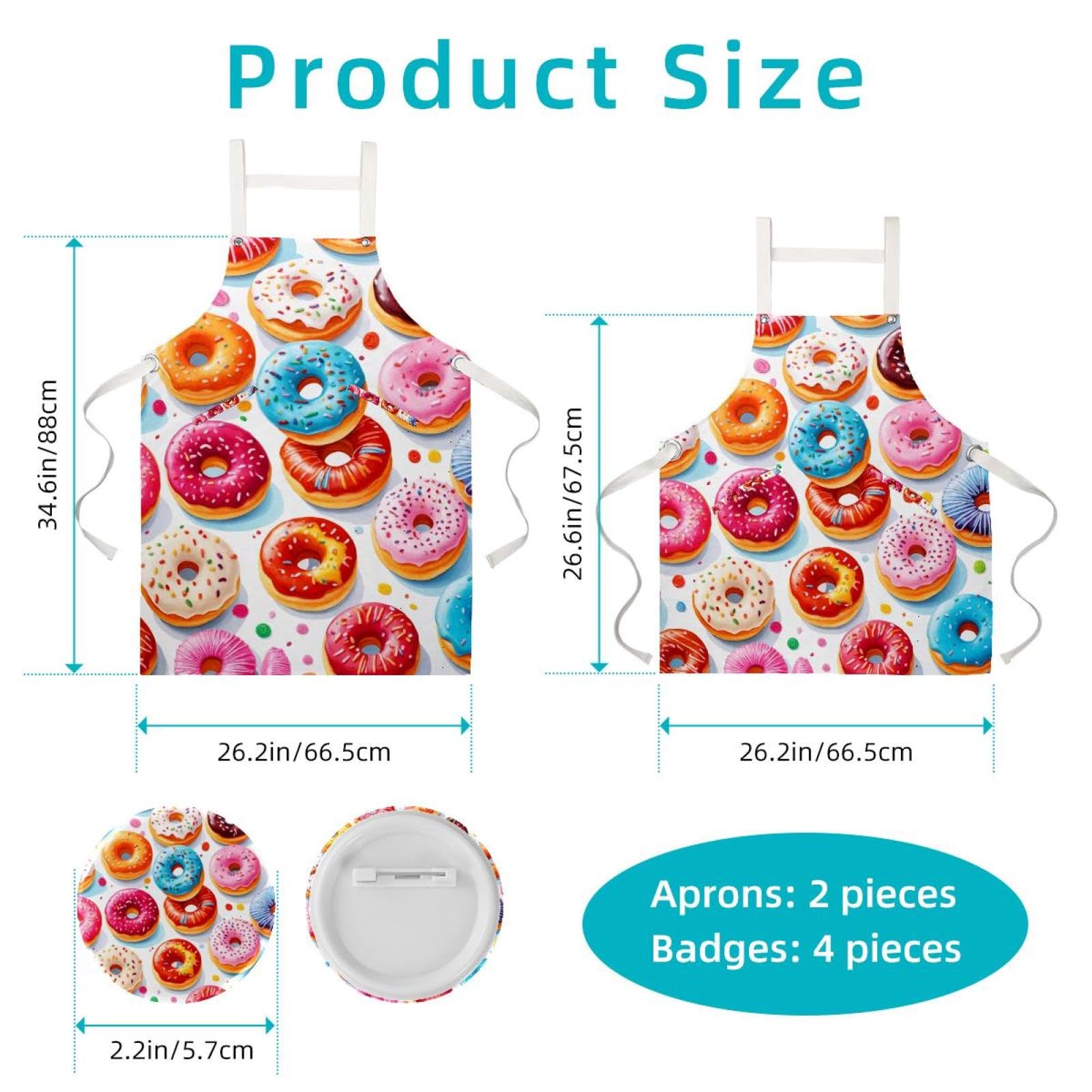 Lot de 2 tabliers de cuisine doux et doux avec 2 grandes poches pour homme et femme Motif donuts, Donuts sucrés et savoureux, L:26.2x34.6in/66.5x88cm;M:26.2x26.6in/66.5x67.5cm