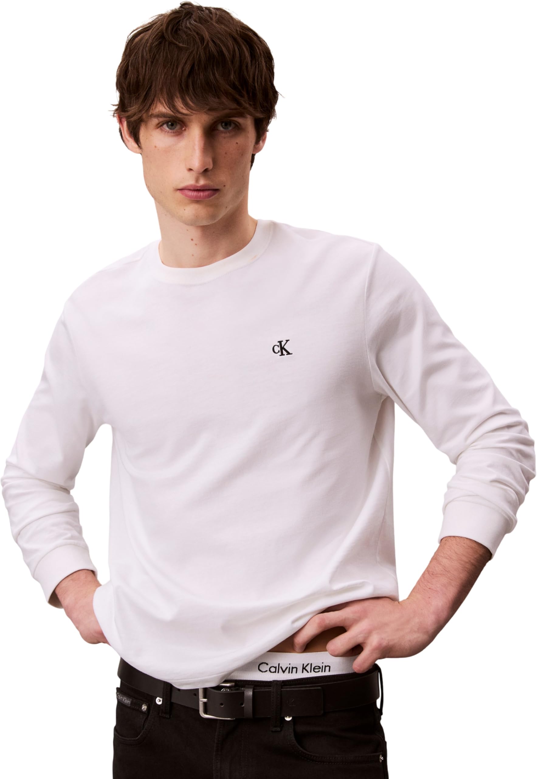 Calvin Klein LS Easy Monogram Tee LV04RD247G Tees, Bianco (Bright White), M, Bianco (Bianco Brillante), M