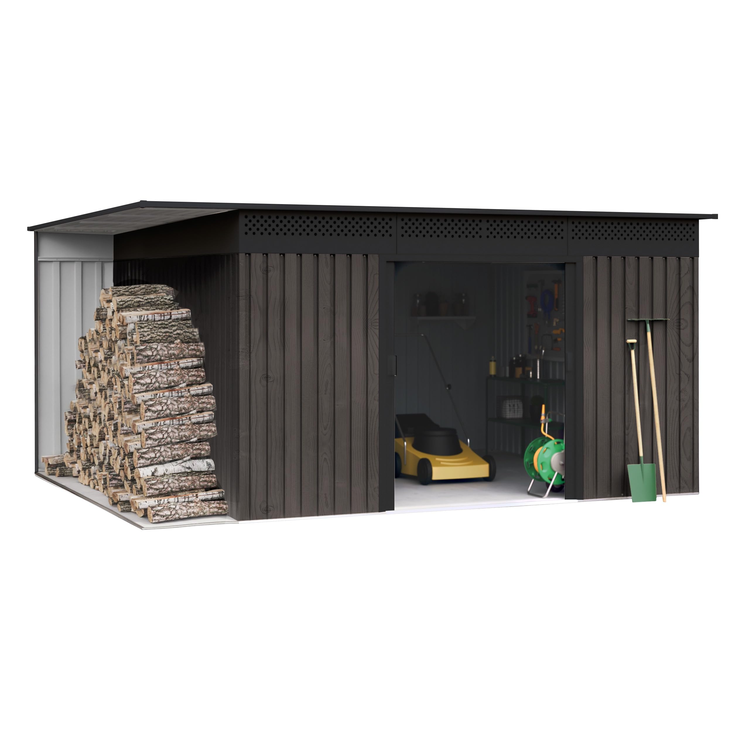 Wasabi Abri de jardin extérieur 13,22 m² Robin t1 – Effet bois Premium – Porte-bûches latéral – Double porte coulissante – Grilles de ventilation – Toit plat – Abri métallique de rangement – 397 x 333