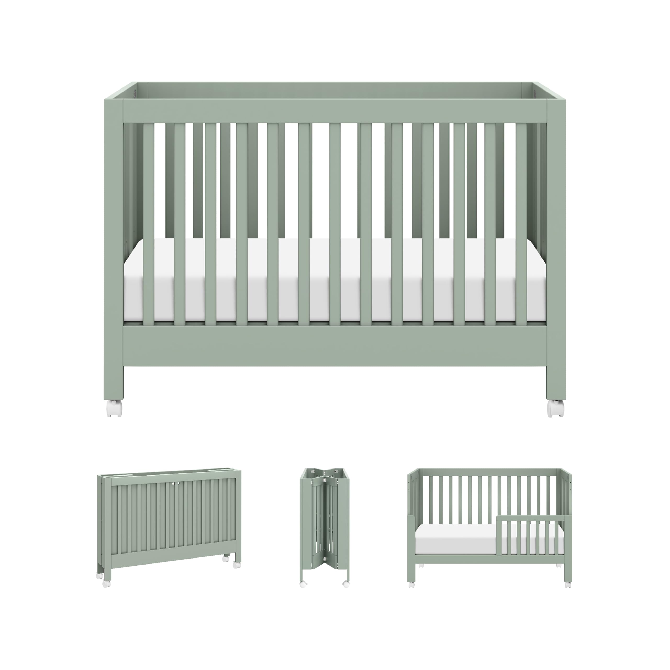 Photo 1 of Babyletto Maki Full-Size 2-in-1 Portable Folding Crib with Toddler Bed Conversion Kit in Light Sage, Greenguard Gold Certified