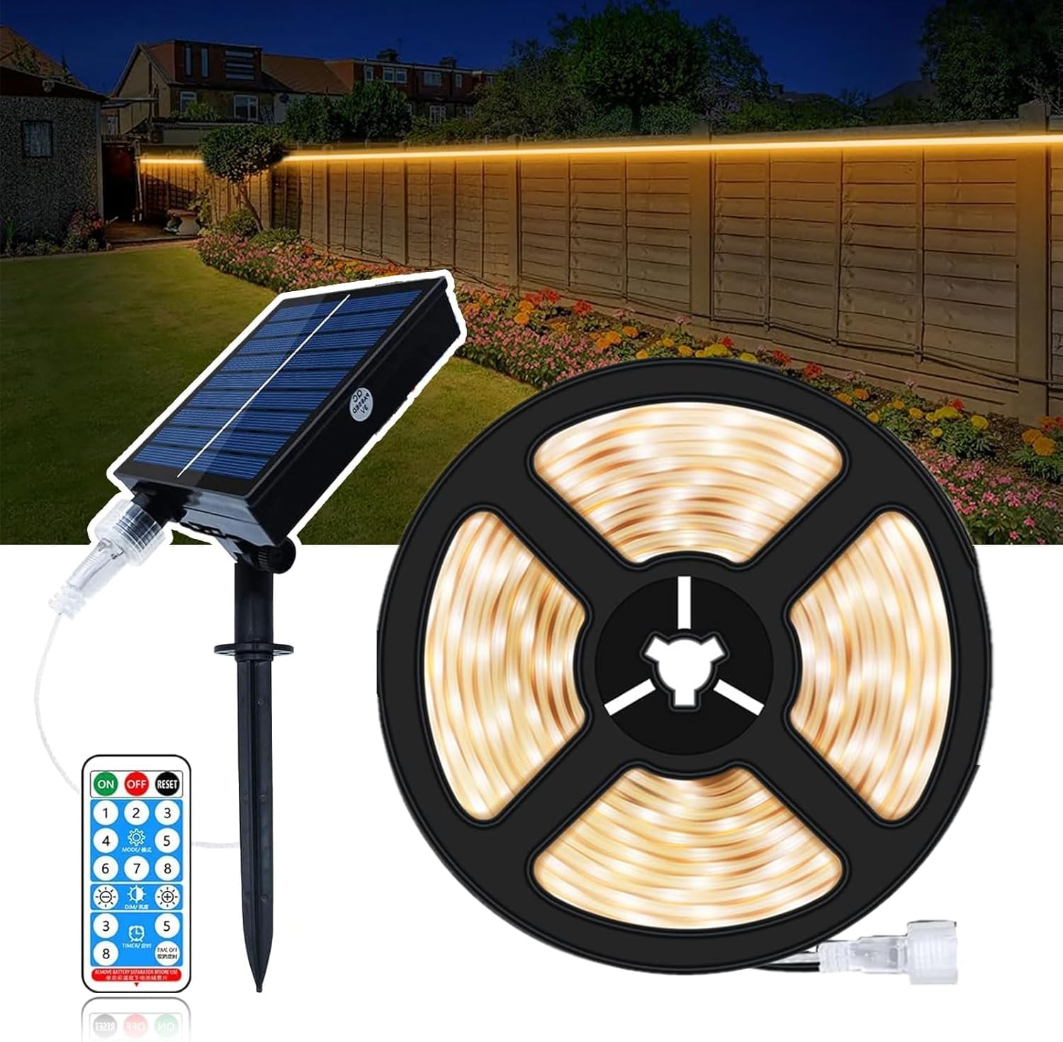Solar Led Strip Lights Outdoor,5M 300 LED Solar Rope Lights Self-Adhesive Waterproof, 8 Mode with Remote Timer and Auto On/Off, Perfect for Deck, Patio, Poolside, Camping Decor, Warm White