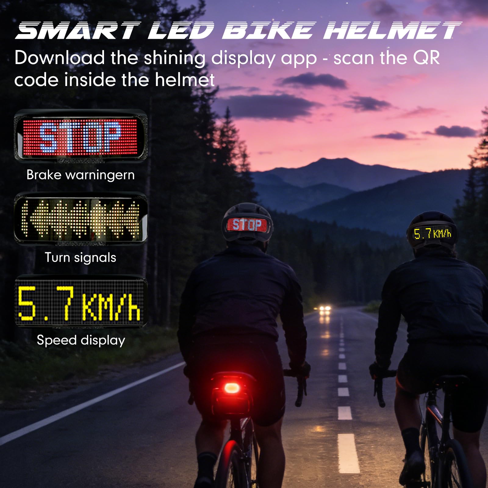 Casco da bicicletta connesso e sicuro per uomo donna casco intelligente con display LED personalizzabile, luci posteriori frenate, indicatori di direzione e avviso luminoso per mountain bike, strada
