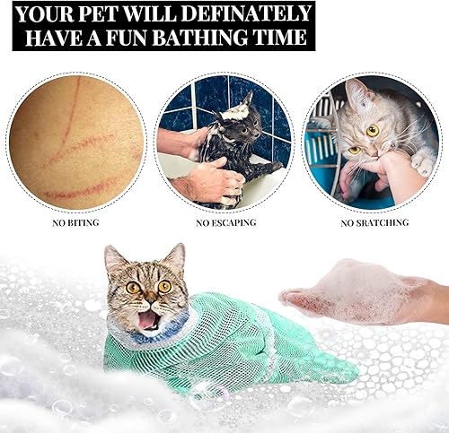 Miniatura 6 de Bolsa de red de baño y aseo para gatos 2 en 1, ajustable, transpirable para retención e inyección de gatos, toma de medicamentos (verde, gris)