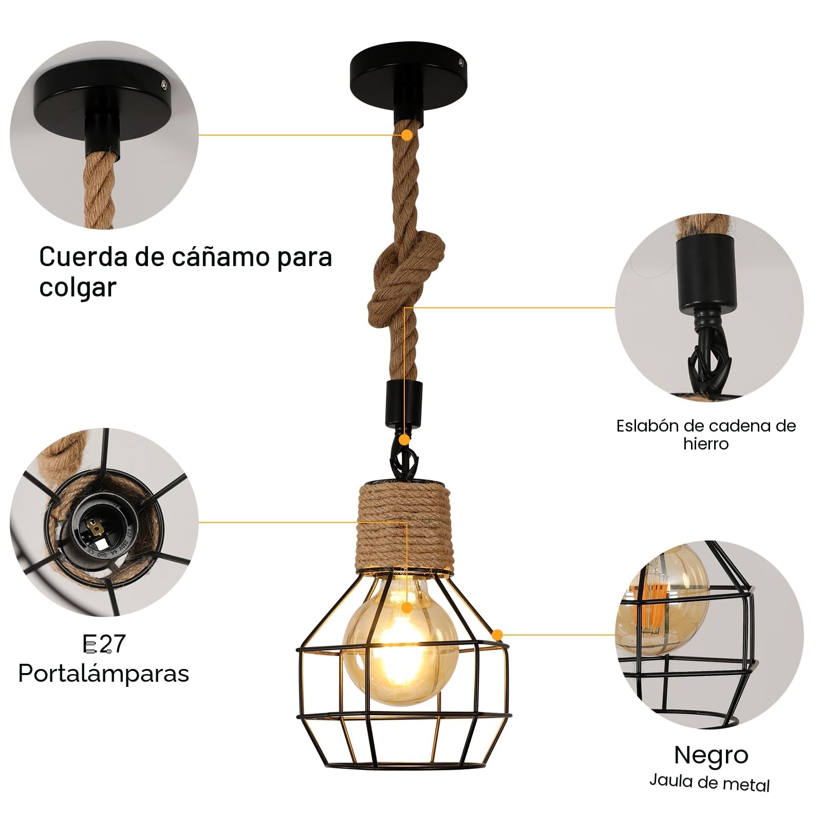 Vintage Lámpara Colgante Madera Cuerda de Cáñamo, Lámpara de Techo Colgante Altura Ajustable, Luz Colgante Industrial Retro E27 para Comedor, Salon, Cafetería