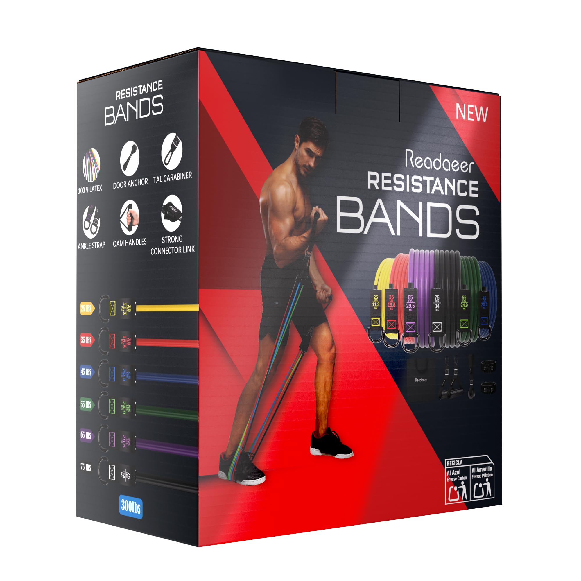 READAEER Set di Fasce Elastiche Fitness in Lattice Naturale, Bande di Resistenza con Maniglie, Ancoraggio da Porta e Cavigliere, Ideali per Allenamento a Casa, Palestra e Stretching