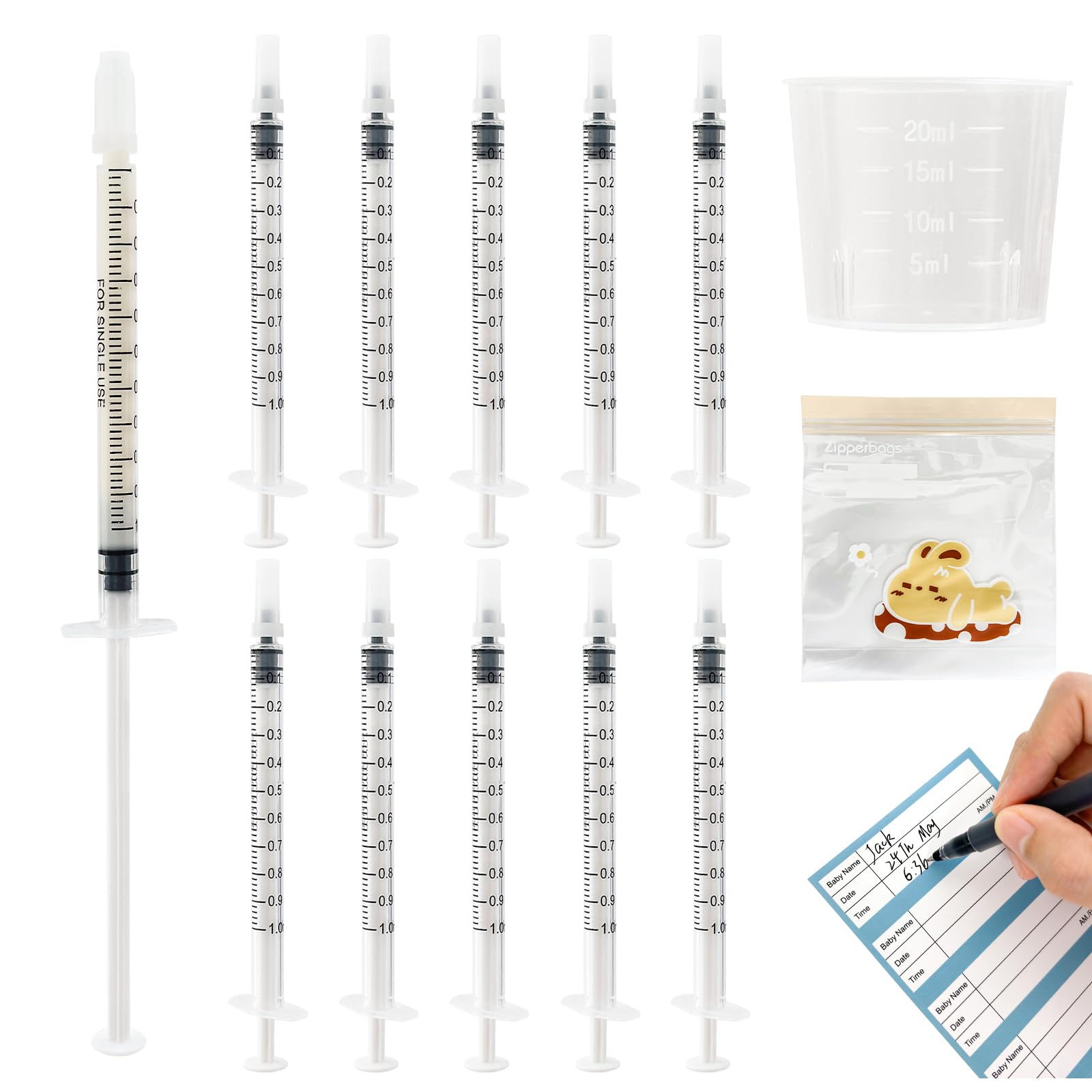 50 Sets 1mL Colostrum Syringes with Caps, Colostrum Collector Kit Include 50pcs 1mL Sterile Syringes for Colostrum, 1 Measuring Cup, 5 Storage Bags, 50 Labels