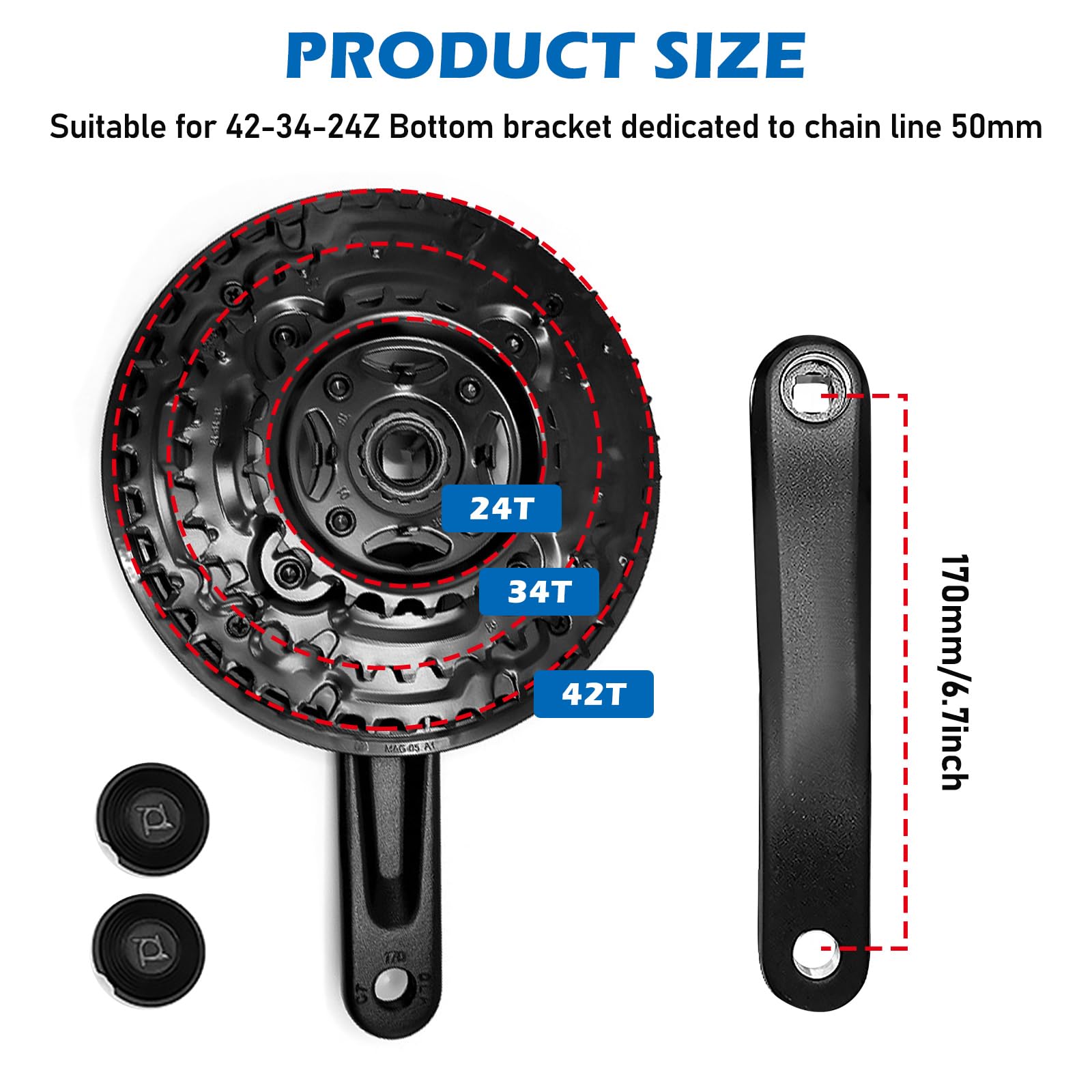 PORFOYO Guarnitura per Mountain Bike da 170 mm, 6/7/8-Fach Guarnitura per Bicicletta, Pedivella Bici, Guarnitura Corona Bicicletta con 24/34/42T, Lega di Alluminio, per MTB Mountain Bike