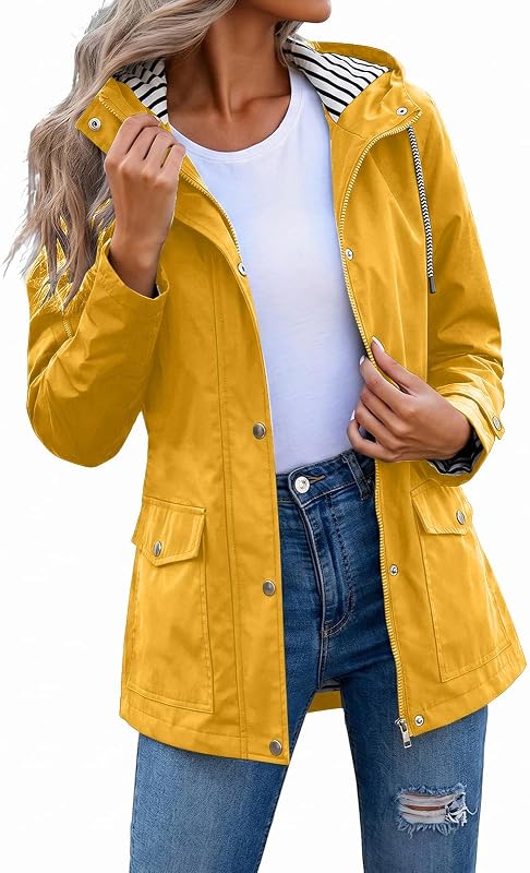 Women's Rain Jacket Waterproof Hooded Raincoat Hiking Windproof Trench Coat Lightweight Striped Lined Rain Coat