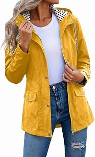 Women's Rain Jacket Waterproof Hooded Raincoat Hiking Windproof Trench Coat Lightweight Striped Lined Rain Coat