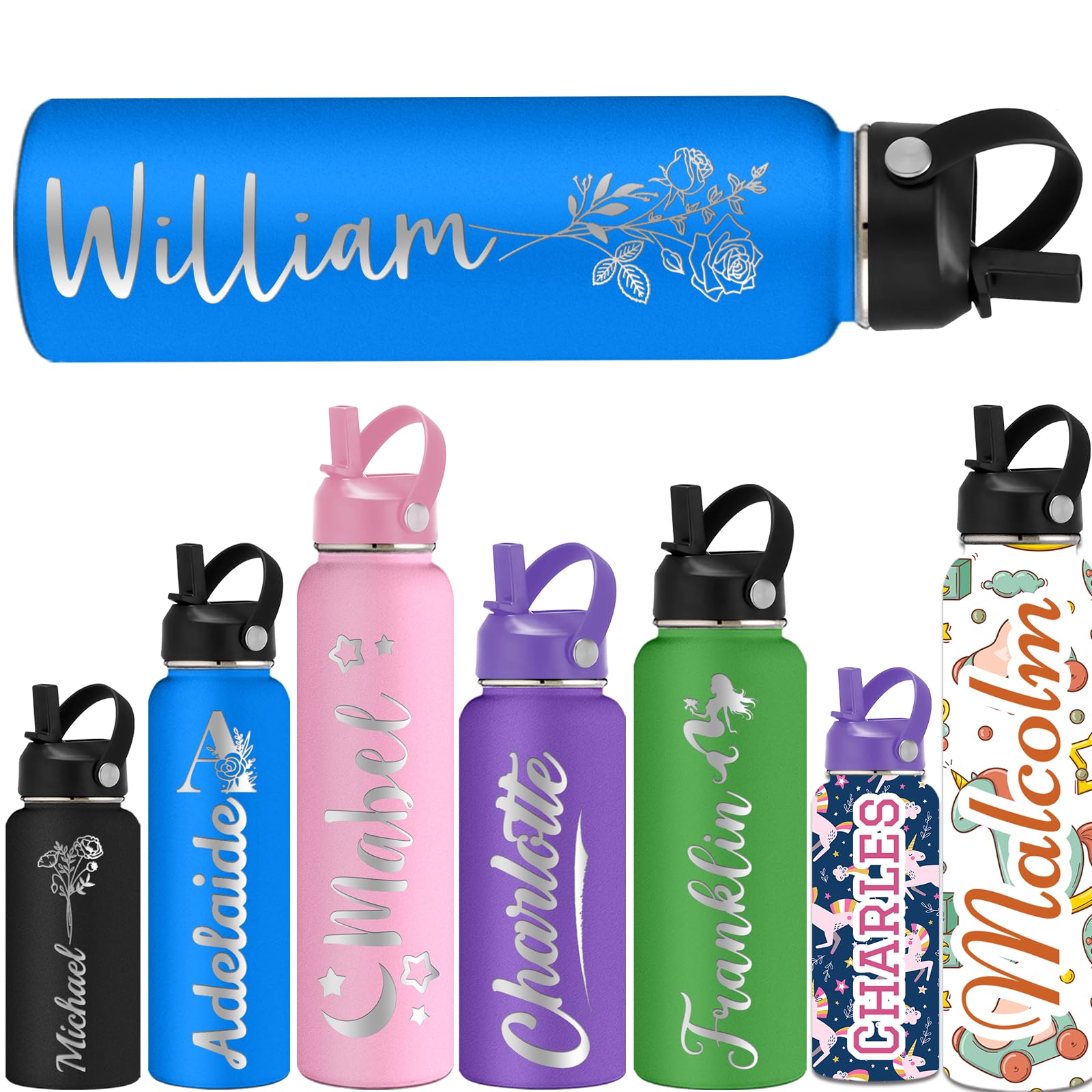 ShAxzHen Personalised Water Bottles for Kids with Straw Lid 40/32/24/18/12oz Custom Insulated Water Bottle Stainless Steel with Name Logo Customised Engraved Cups for School Sport Gym Flower Blue
