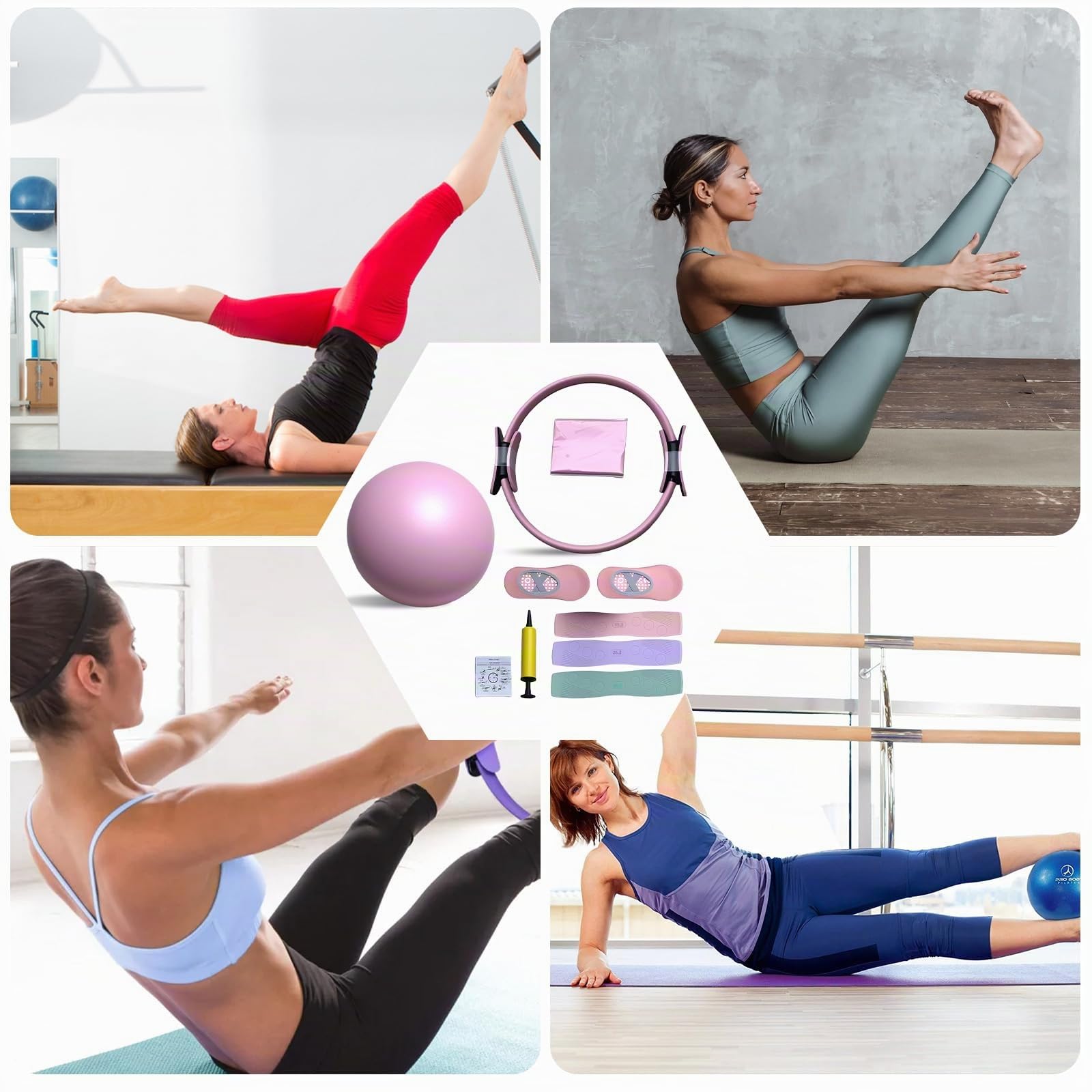 Eznaobo Kit essenziale per pilates, kit portatile per pilates da donna, con anello tonificante per pilates, fasce di resistenza lunghe e morbidi calzini per pilates, attrezzatura per pilates per