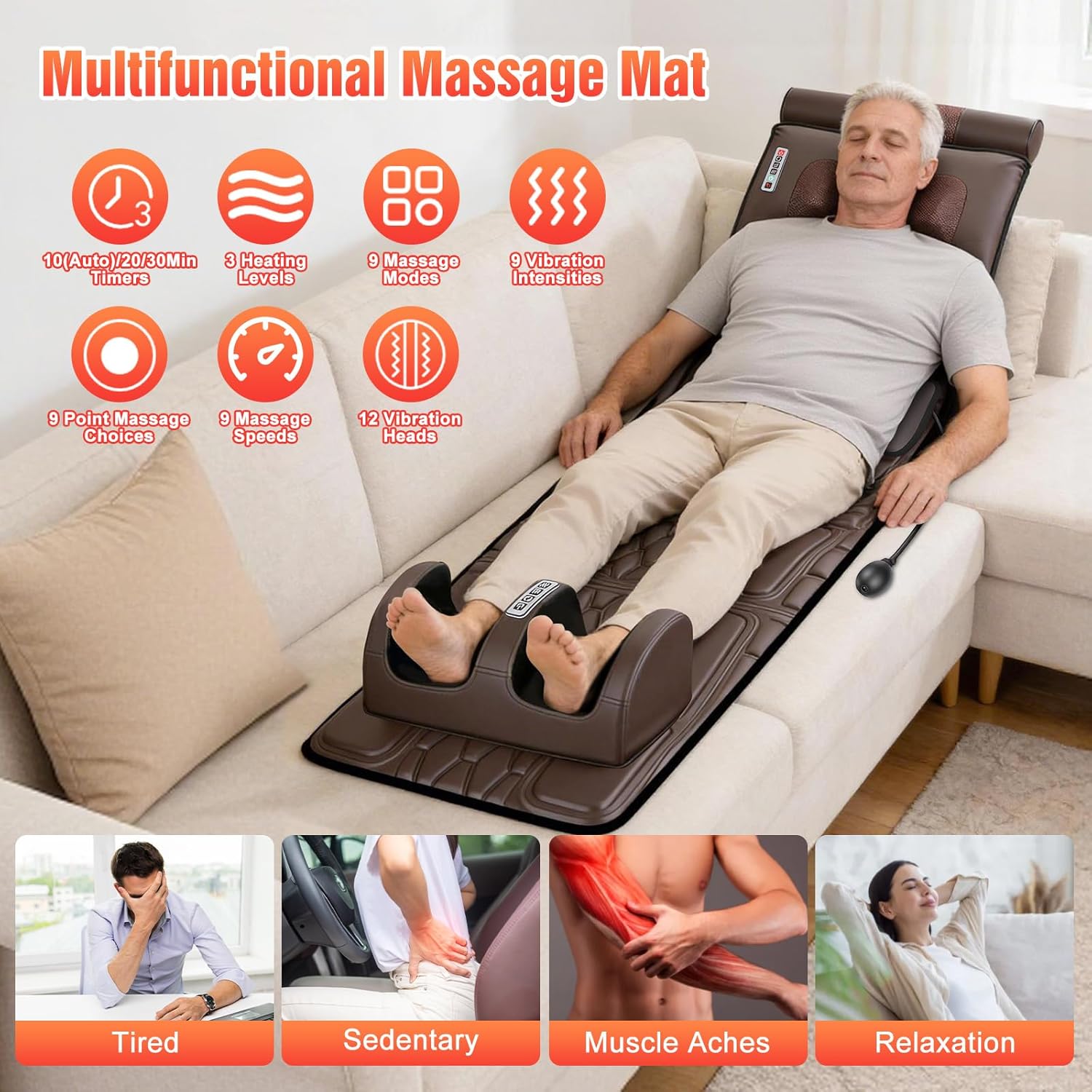 Full Body Massage Mat with Heat, 12 Vibration Nodes Massage Chair Pad with 3 Heating Levels, Multifunctional Full Body PU Seat Back Massager with Head Lumbar Foot Massage Pillow for Home Office