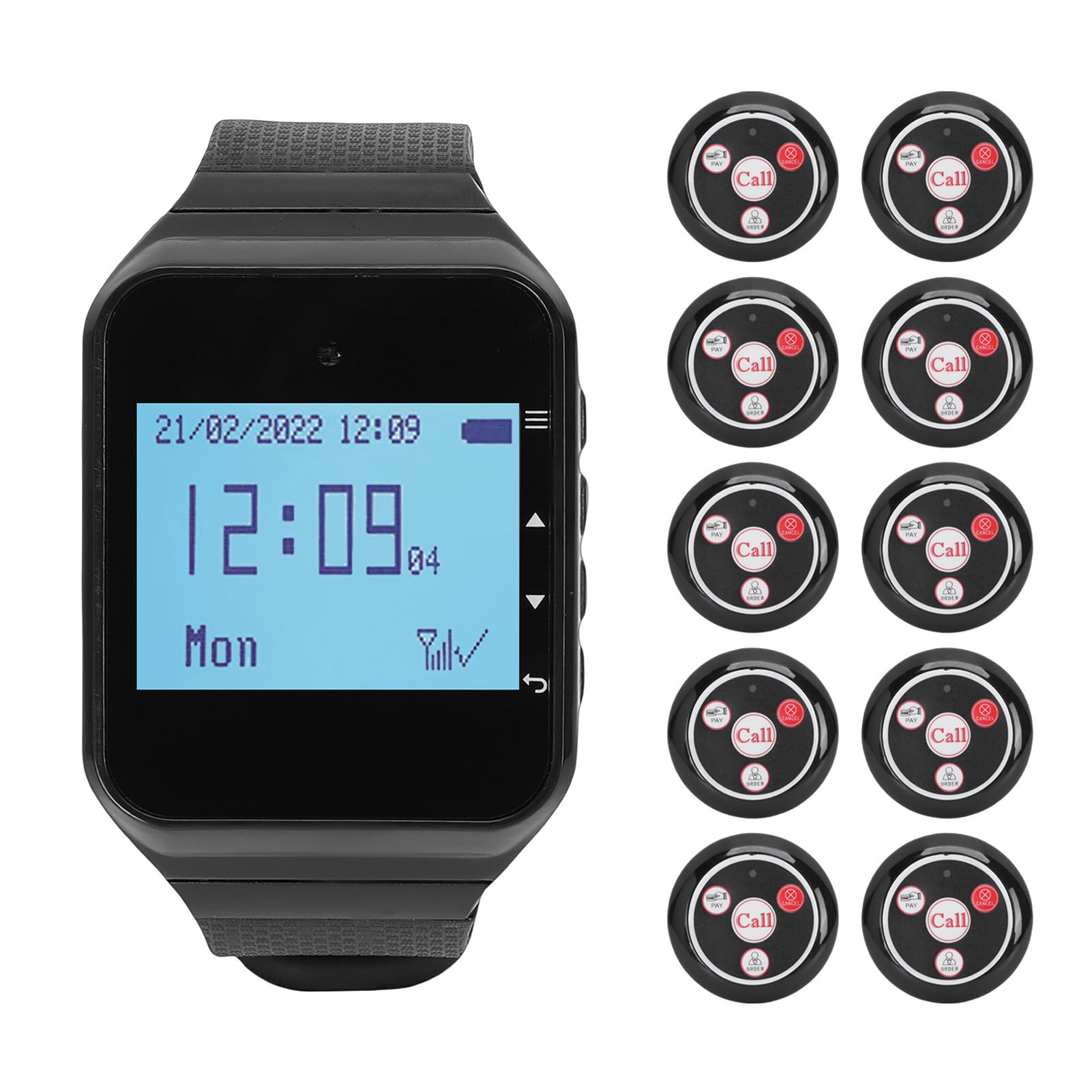 Bewinner sistem Cercapersone Ristorante, 10 Cercapersone Assistente, 1 Ricevitore Orologio, sistem di Chiamata Wireless IPX4 con Vibrazione, Lampeggiante e Cicalino per Chiesa, (BLACK)