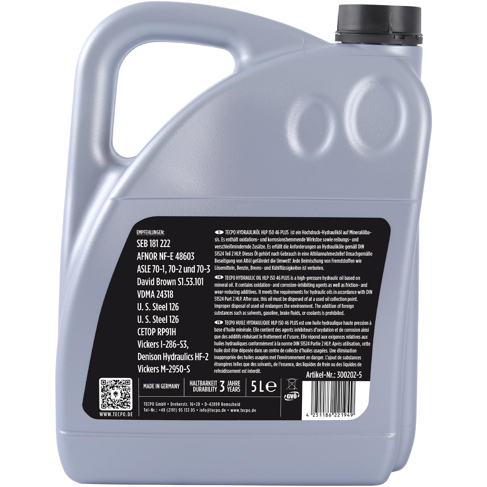 TECPO Hydrauliköl 5 Liter HLP 46 ISO VG Viskosität Hydraulikoel Hydraulikflüssigkeit Hydraulikfluid für Hochleitung Hochdruck