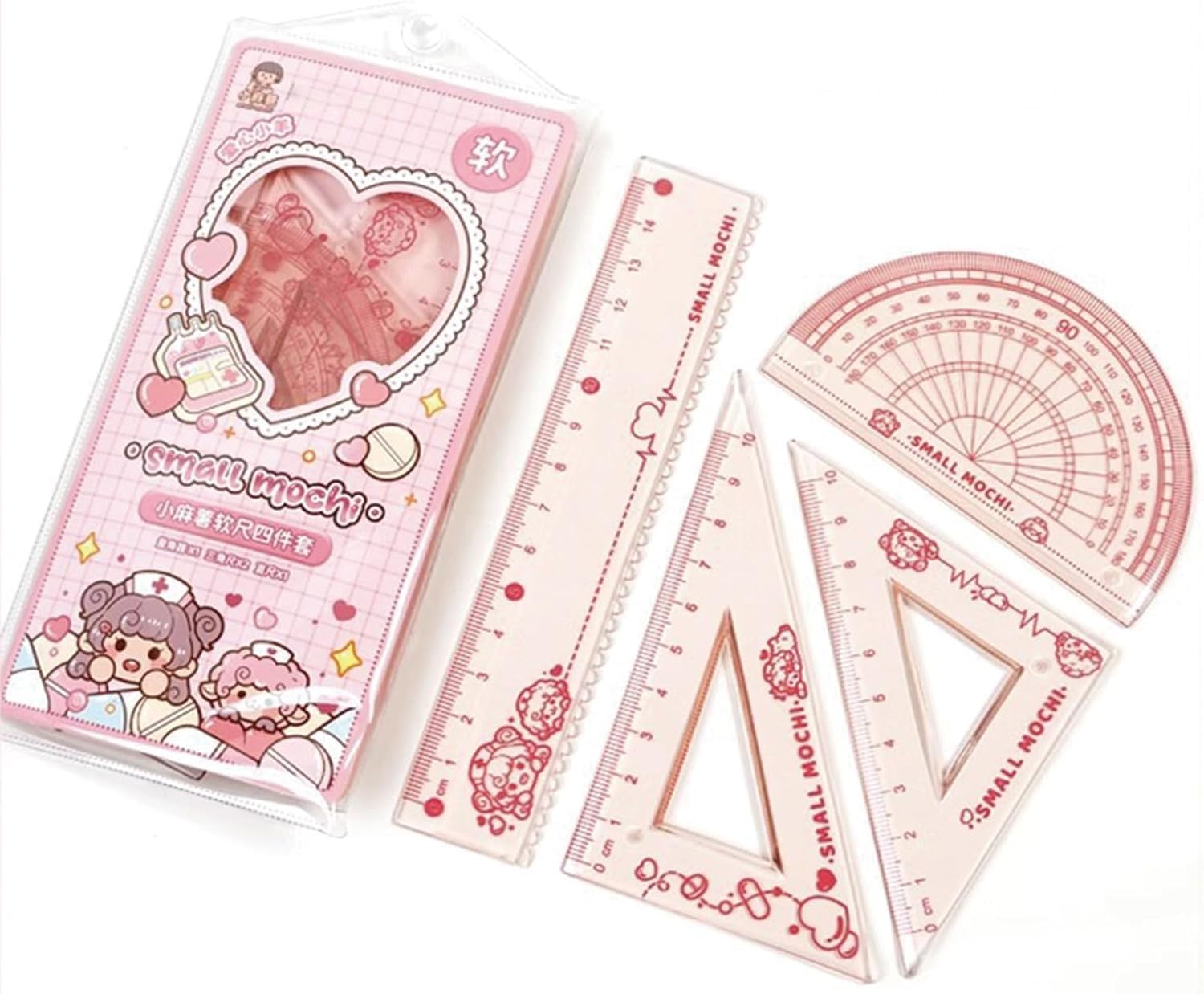 4 Pieces Flexible Ruler Set 15cm/6in Plastic Ruler Straight Rulers Triangle Ruleres Shatterproof Ruleres Straight Edge Soft Bendable Rulers Protractor Math Geometry Tool School Office Supplies (Pink)