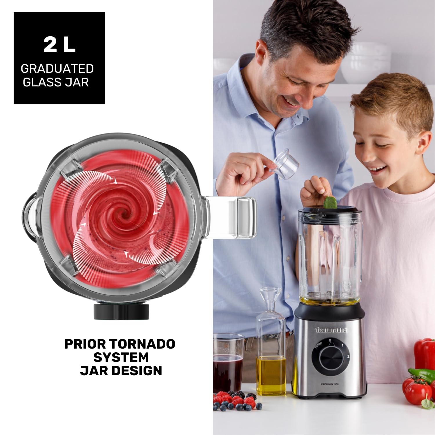 Prior Inox 1500W Blender Taurus Prior Inox Blender – 1500W – 2L Glazen Kan – 6 Roestvrijstalen Messen – 2 Snelheden Turbo – BPA-vrij Glazen Kan Blender 2L