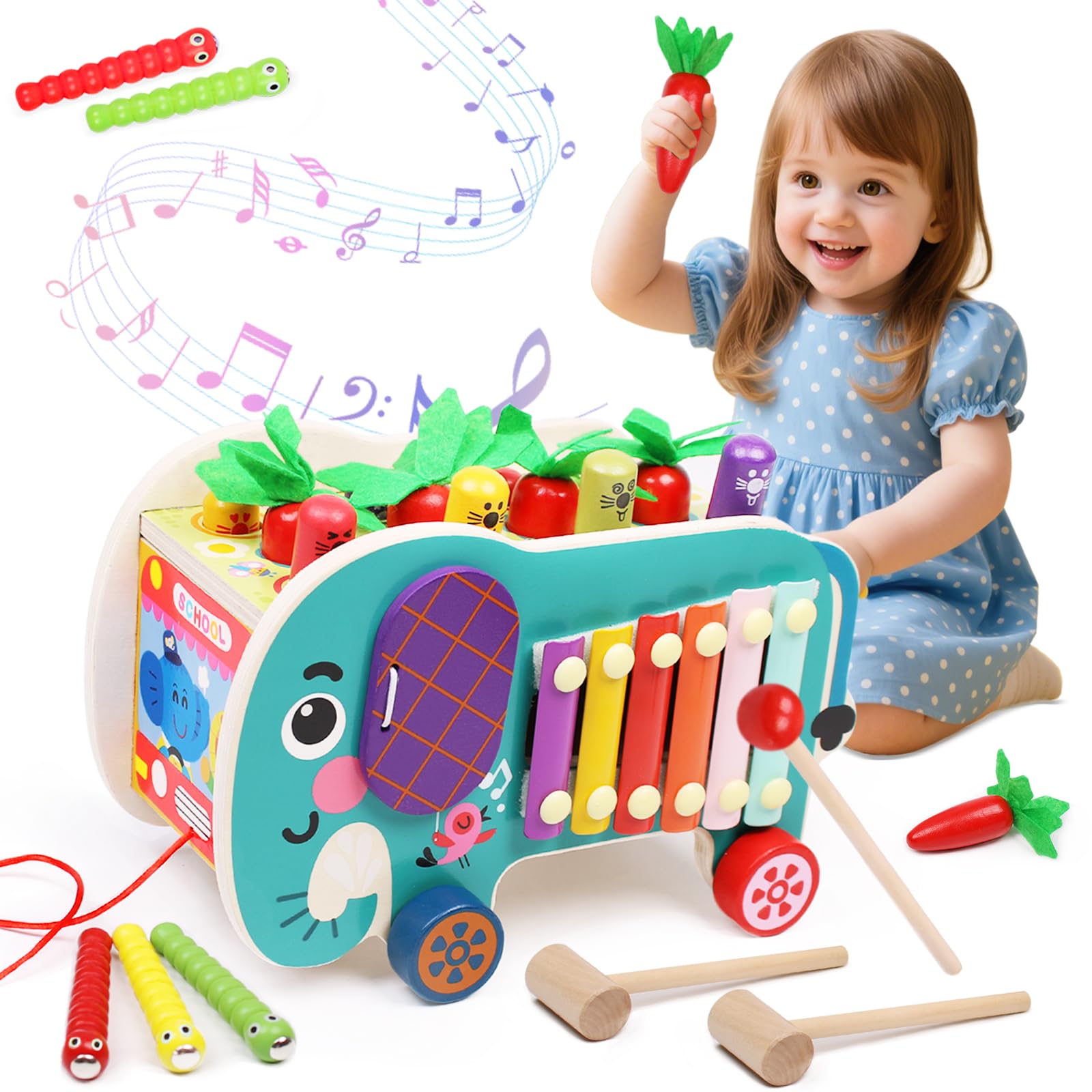 8-in-1 Wooden Montessori Toys, Shape Sorting Toy Car with Xylophone Hammering Pounding Fishing Game Carrot Harvest Preschool Educational Learning Toys Toddler Activities Gifts for Kids Baby Boys Girls