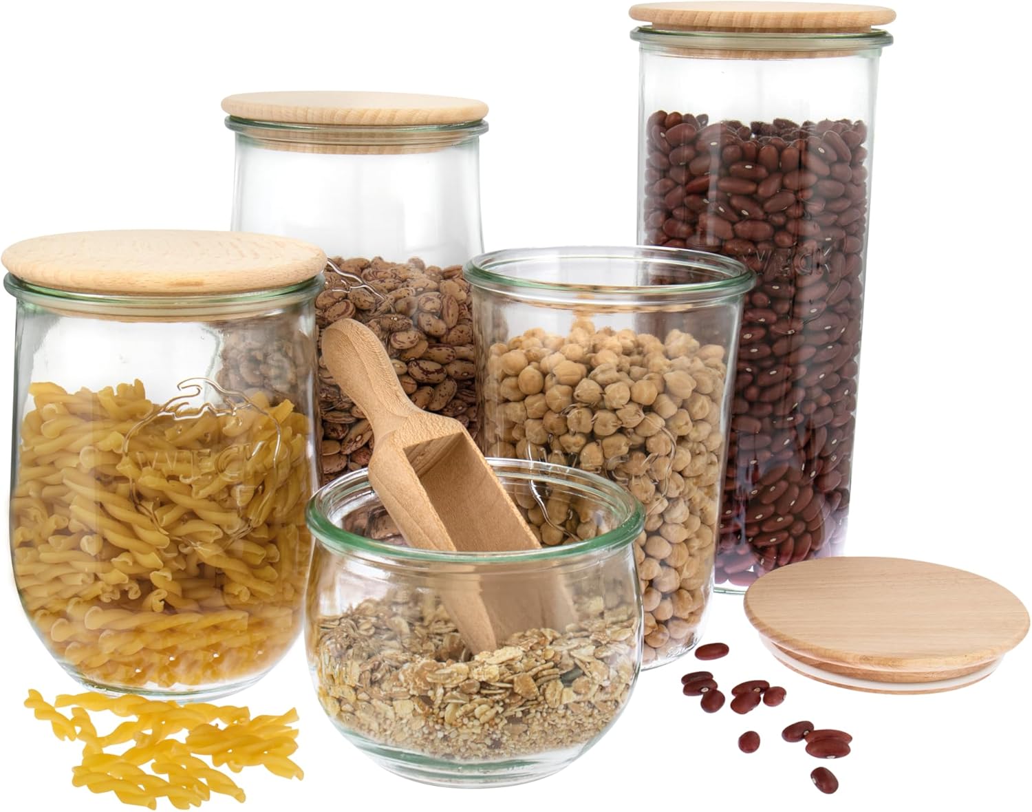 Weck Tulip Shape Jars #744 (Pack of 6, Capacity 500 ml, Storage Jar with Wooden Lid + Silicone Seal, Storage Jar for Pasta/Spices/Cereal) 79199