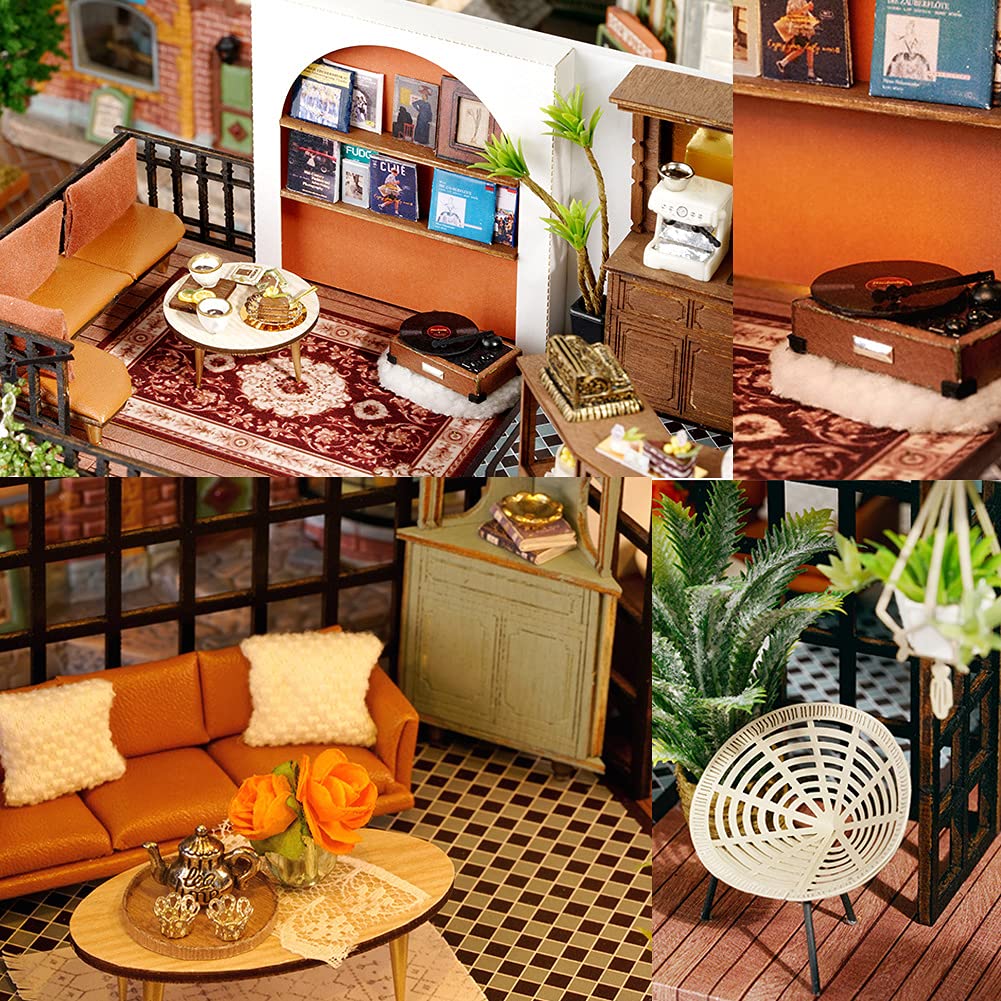 Kit di mobili fai da te per casa delle bambole in miniatura, in legno, mini casa verde con costruzione a LED, set da gioco per ragazzi e ragazze (Forest Teashop)