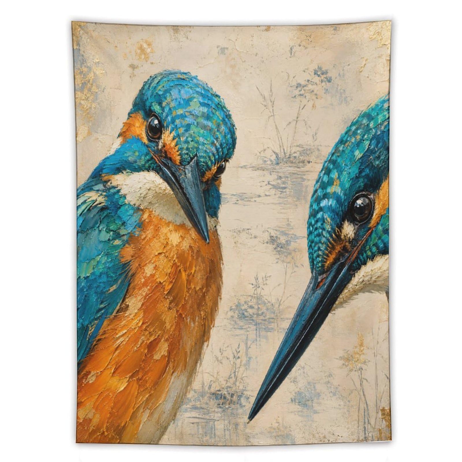 W7C8U2X3 Kingfisher Bird Pair Wall Tapestry, Realistic Illustration Style